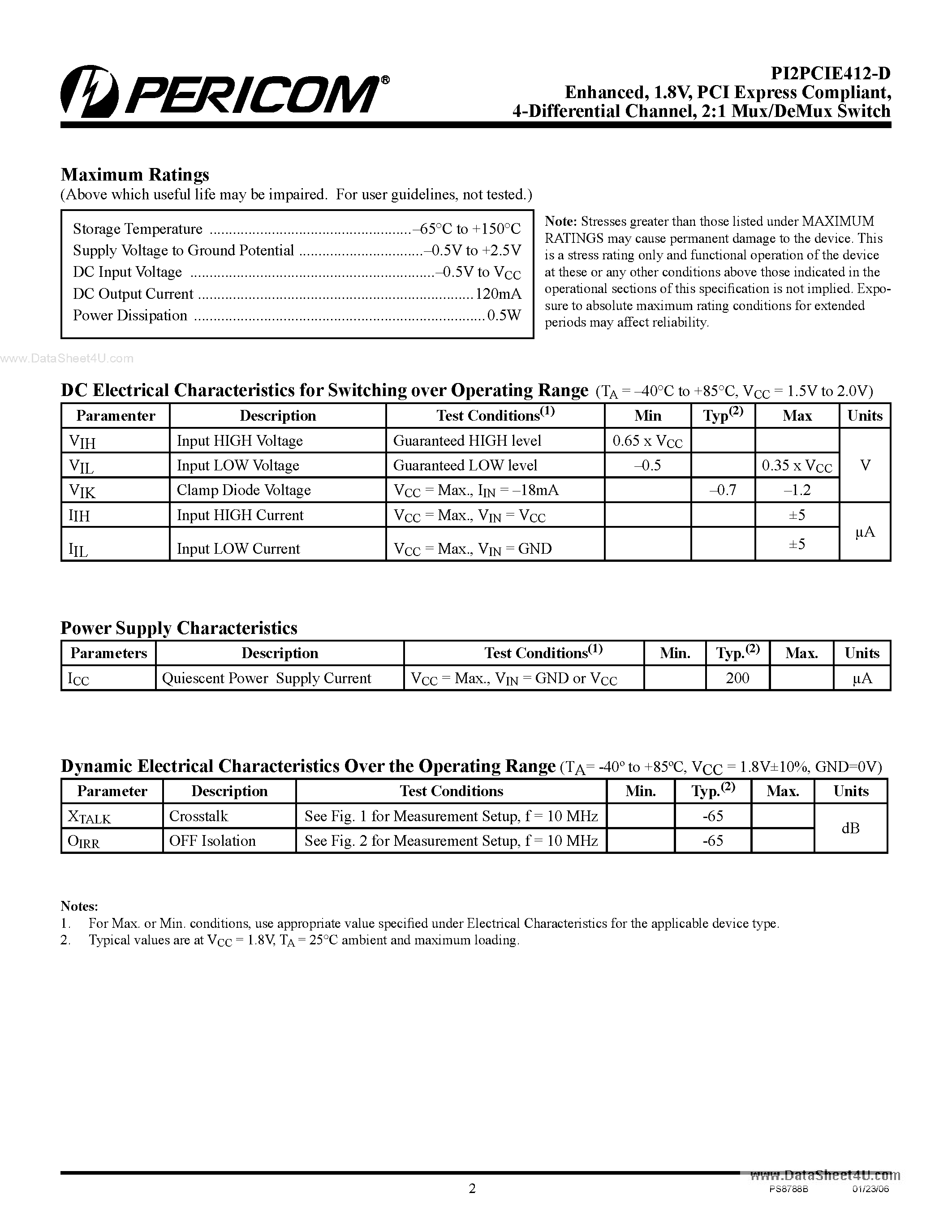 Datasheet PI2PCIE412-D - 2:1 Mux/DeMux Switch page 2