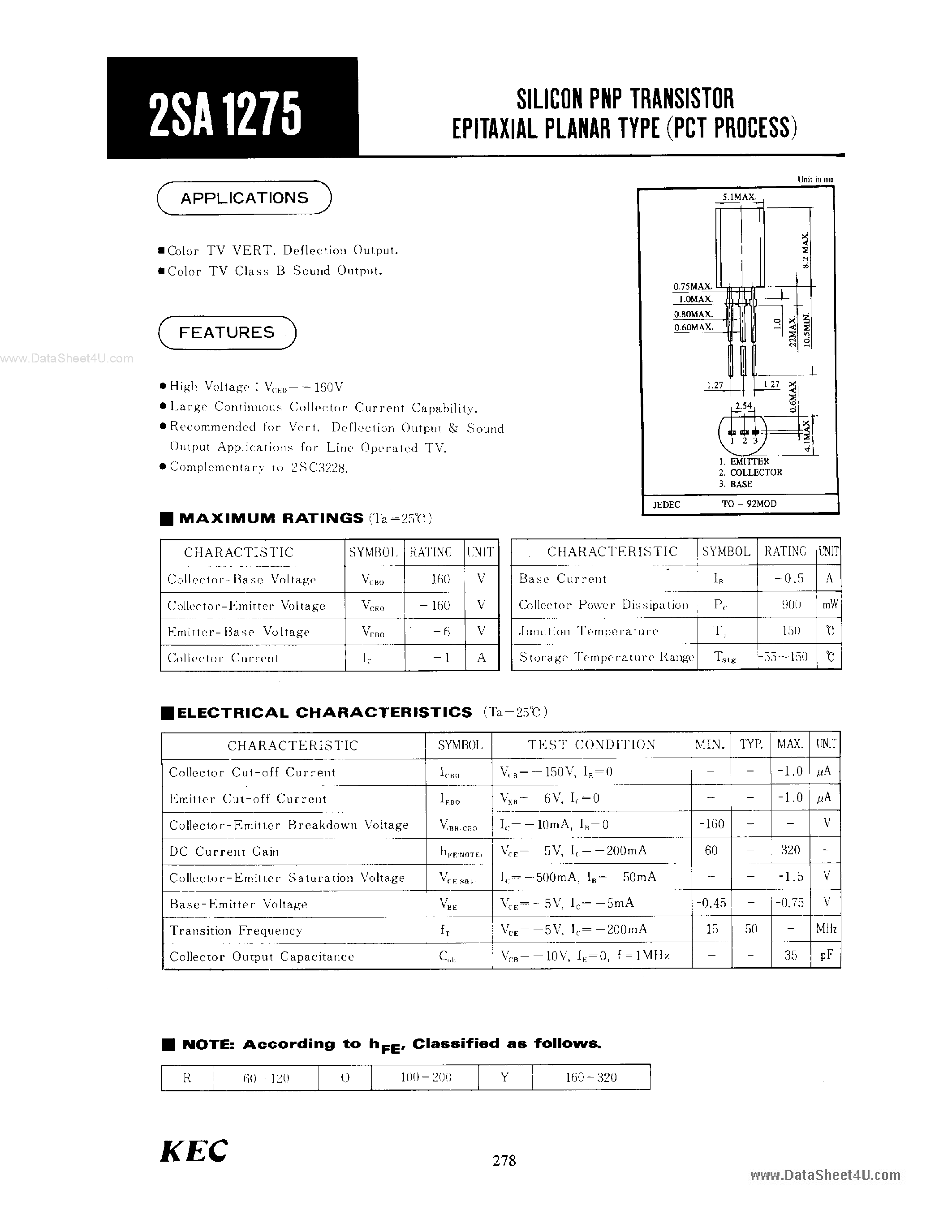 Datasheet 2SA1275 - Silicon PNP Transistor page 1