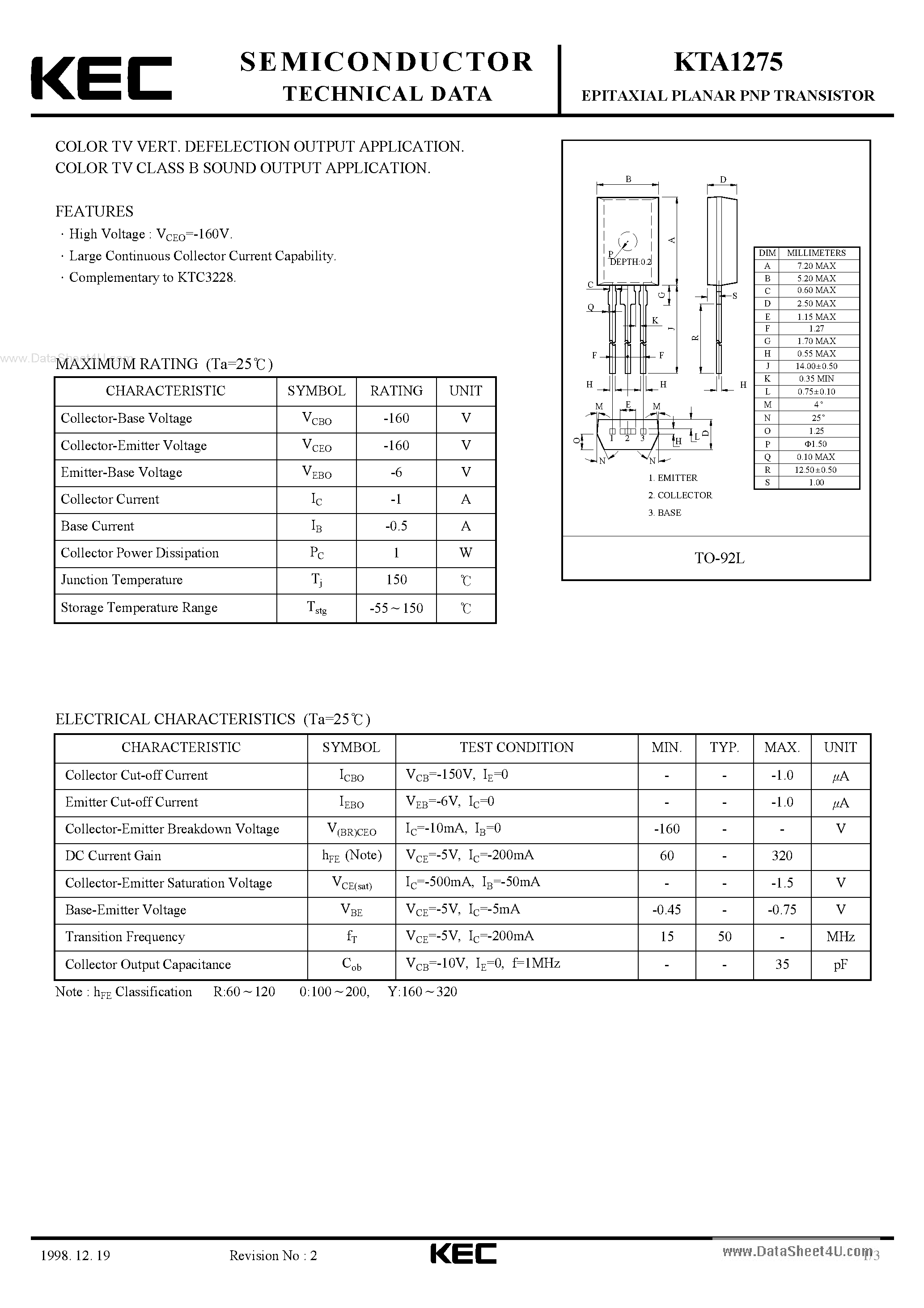 Даташит на микросхему KTA1275 страница 1 Даташит KTA1275 - EPITAXIAL PLANAR PNP TRANSISTOR страница 1