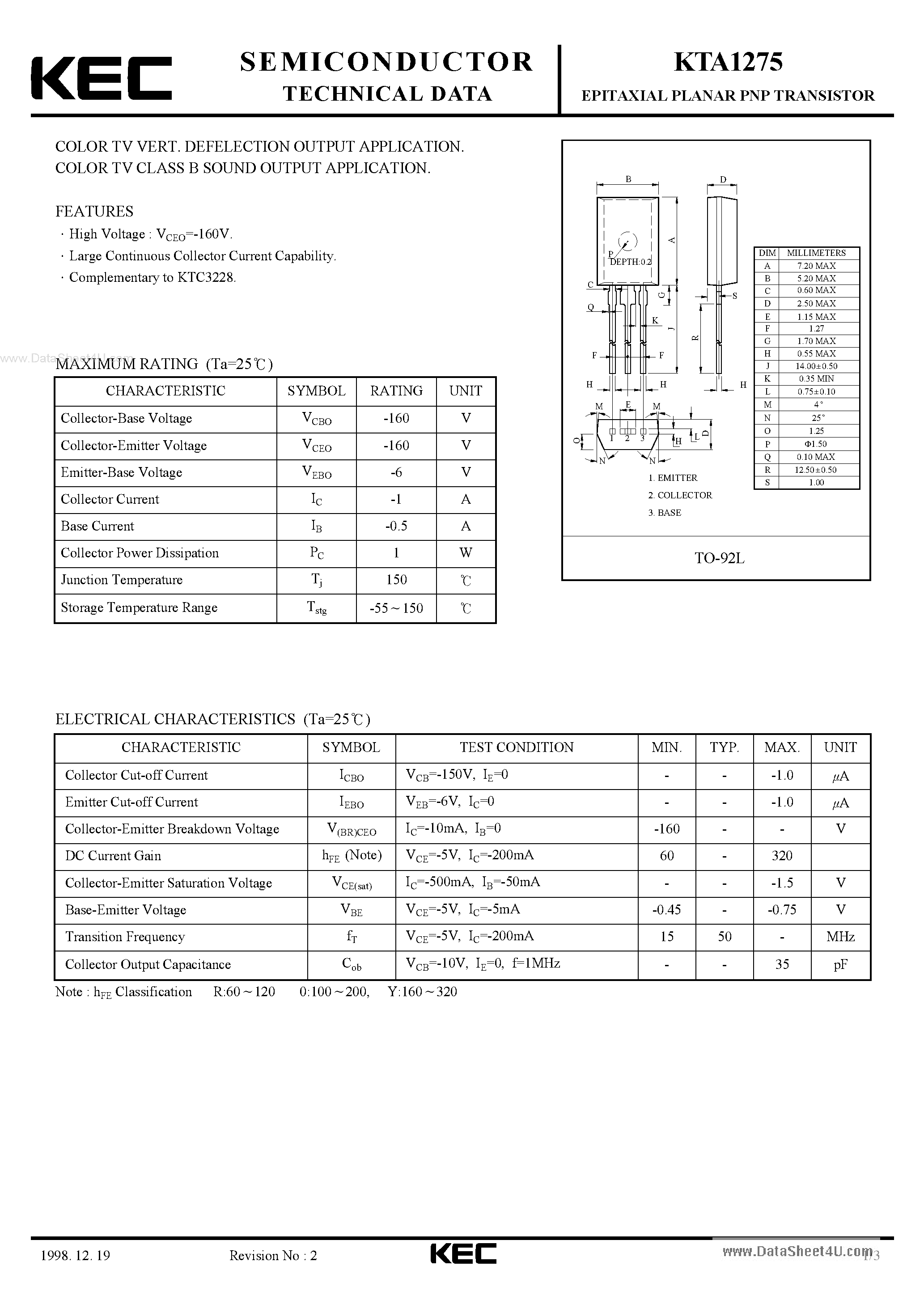 Datasheet KTA1275 - EPITAXIAL PLANAR PNP TRANSISTOR page 1