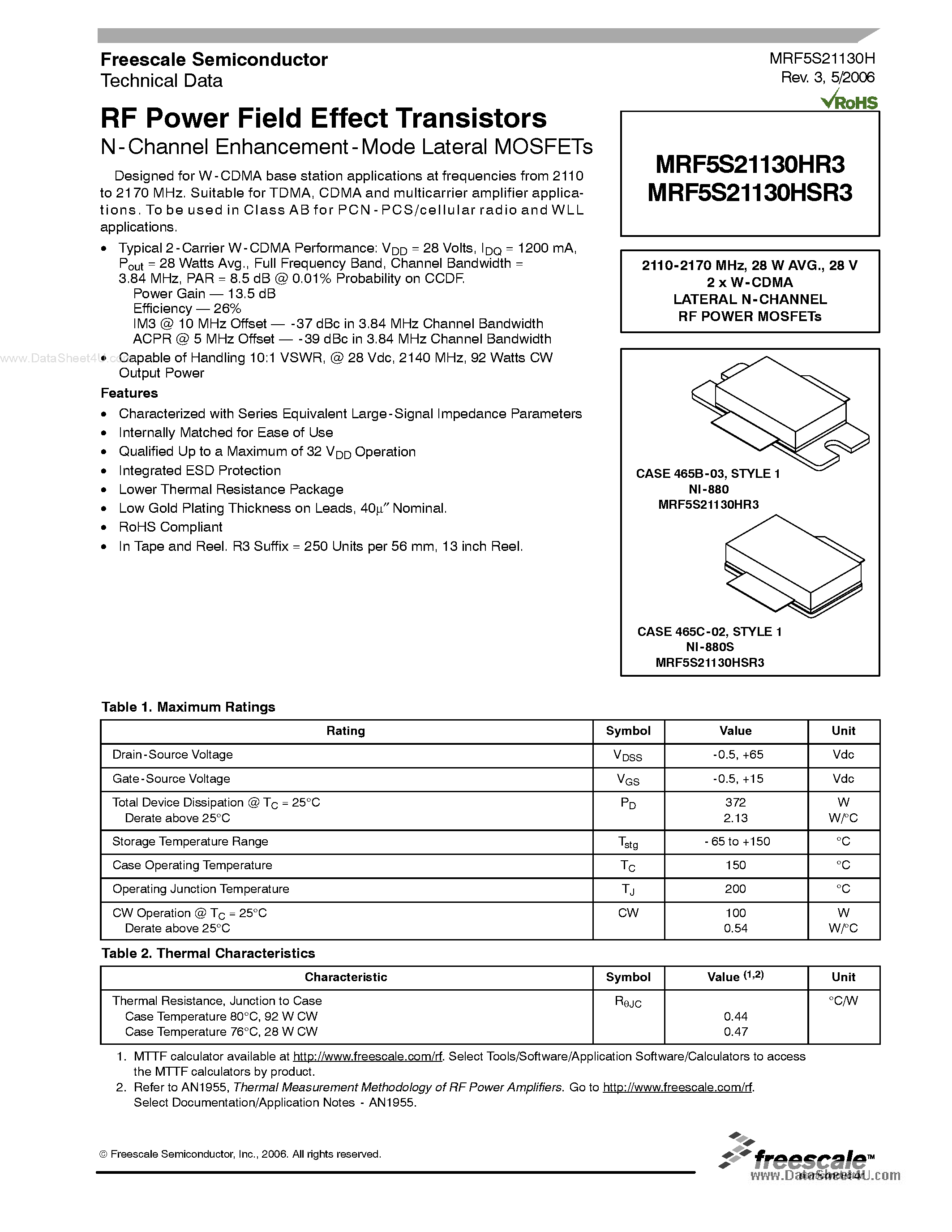 Datasheet MRF5S21130HR3 - RF Power Field Effect Transistors N-Channel Enhancement-Mode Lateral MOSFETs page 1