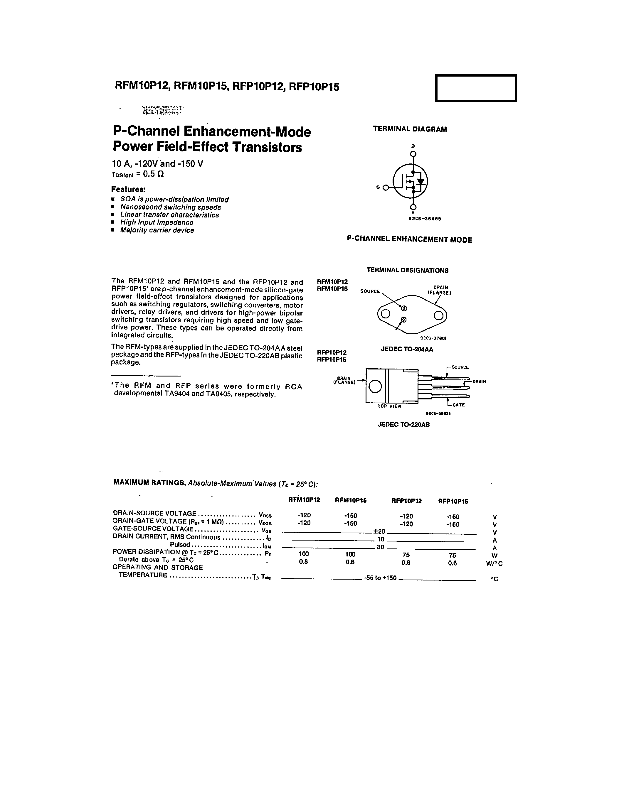 Даташит RFM10P12 - (RFM10P12 / RFM10P15) P-CHANNEL ENHANCEMENT - MODE POWER FIELD-EFFECT TRANSISTORS страница 1