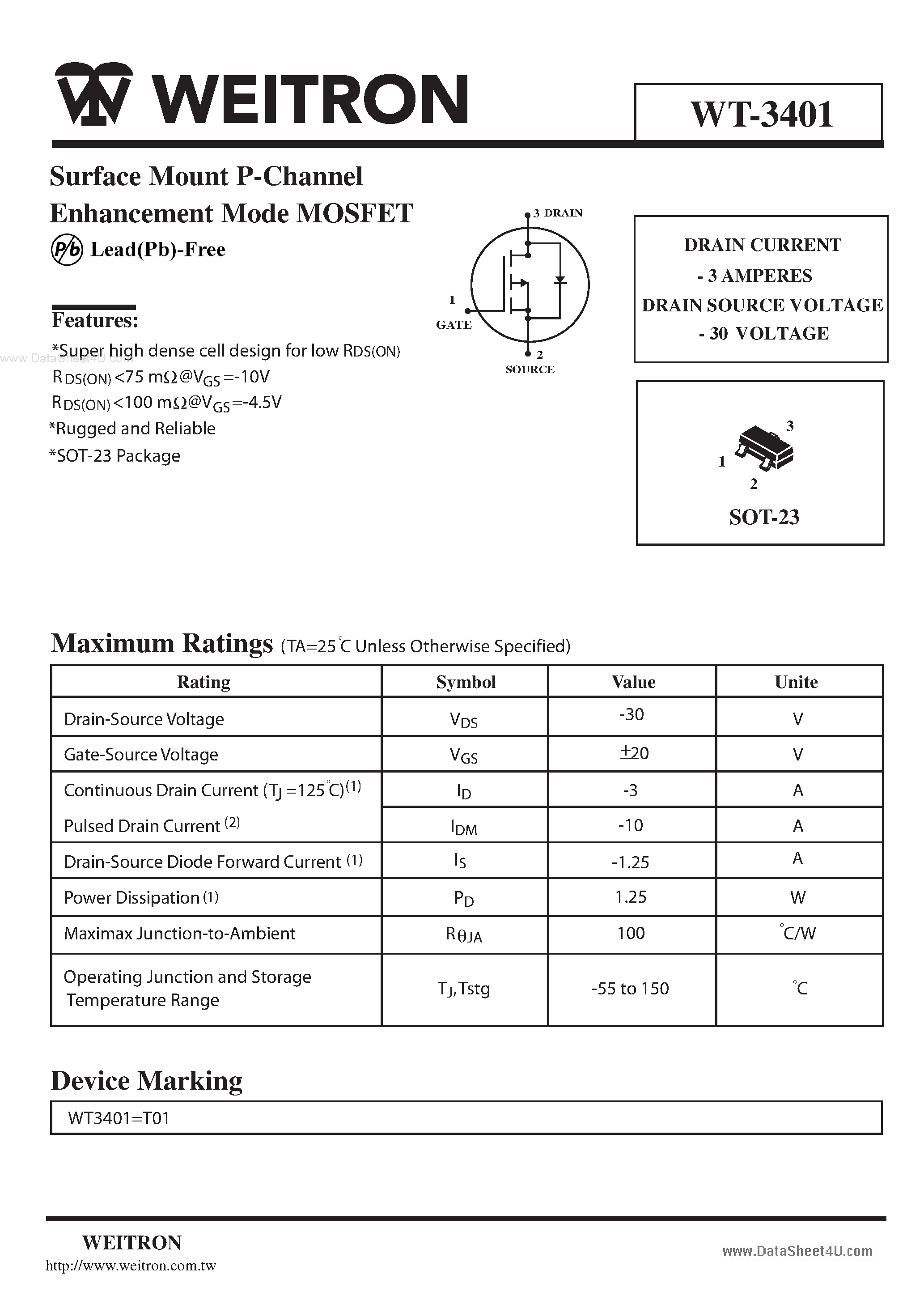 Datasheet WT3401 page 1 Datasheet WT3401 - Surface Mount P-Channel Enhancement Mode MOSFET page 1