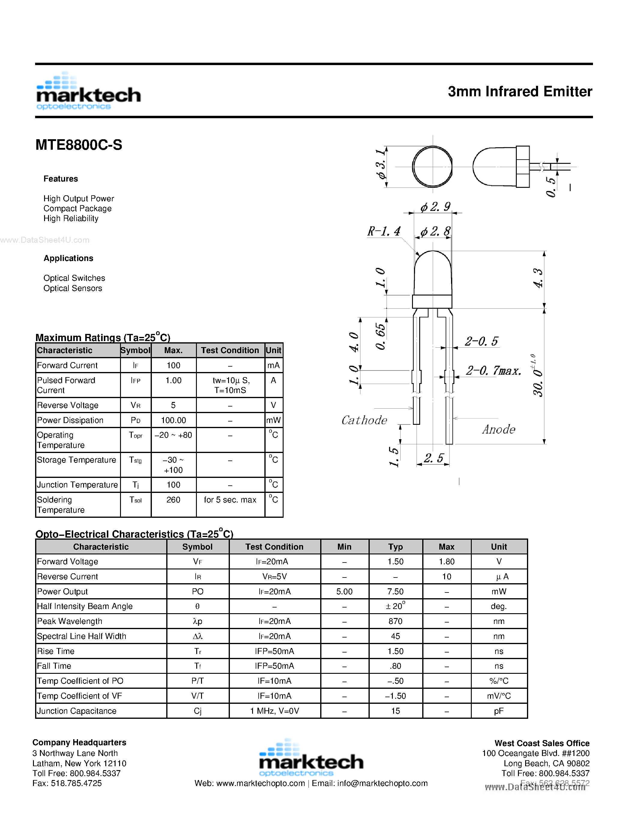 Datasheet MTE8800C-S - 3mm Infrared Emitter page 1