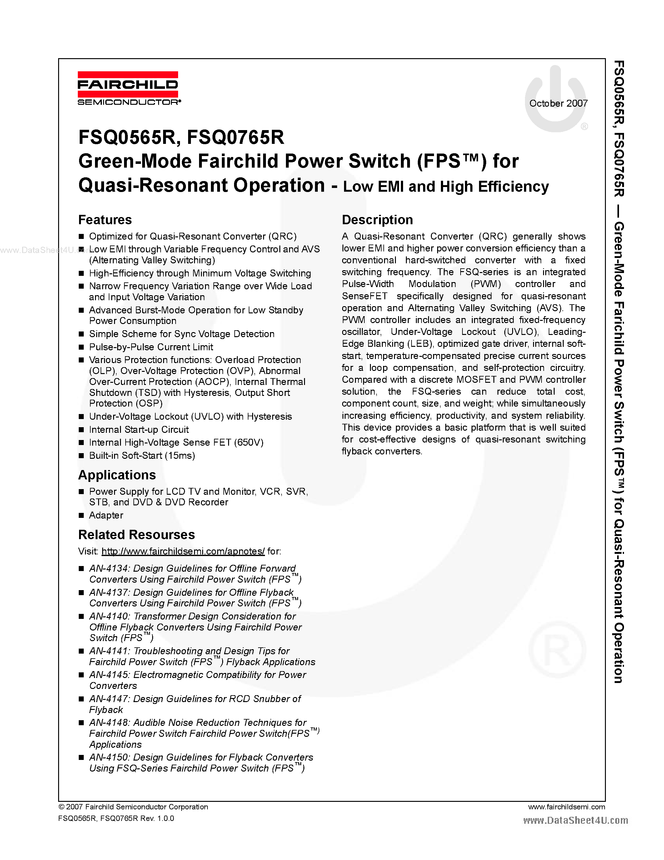 Даташит на микросхему FSQ0565R страница 1 Даташит FSQ0565R - (FSQ0565R / FSQ0765R) Green-Mode Fairchild Power Switch страница 1