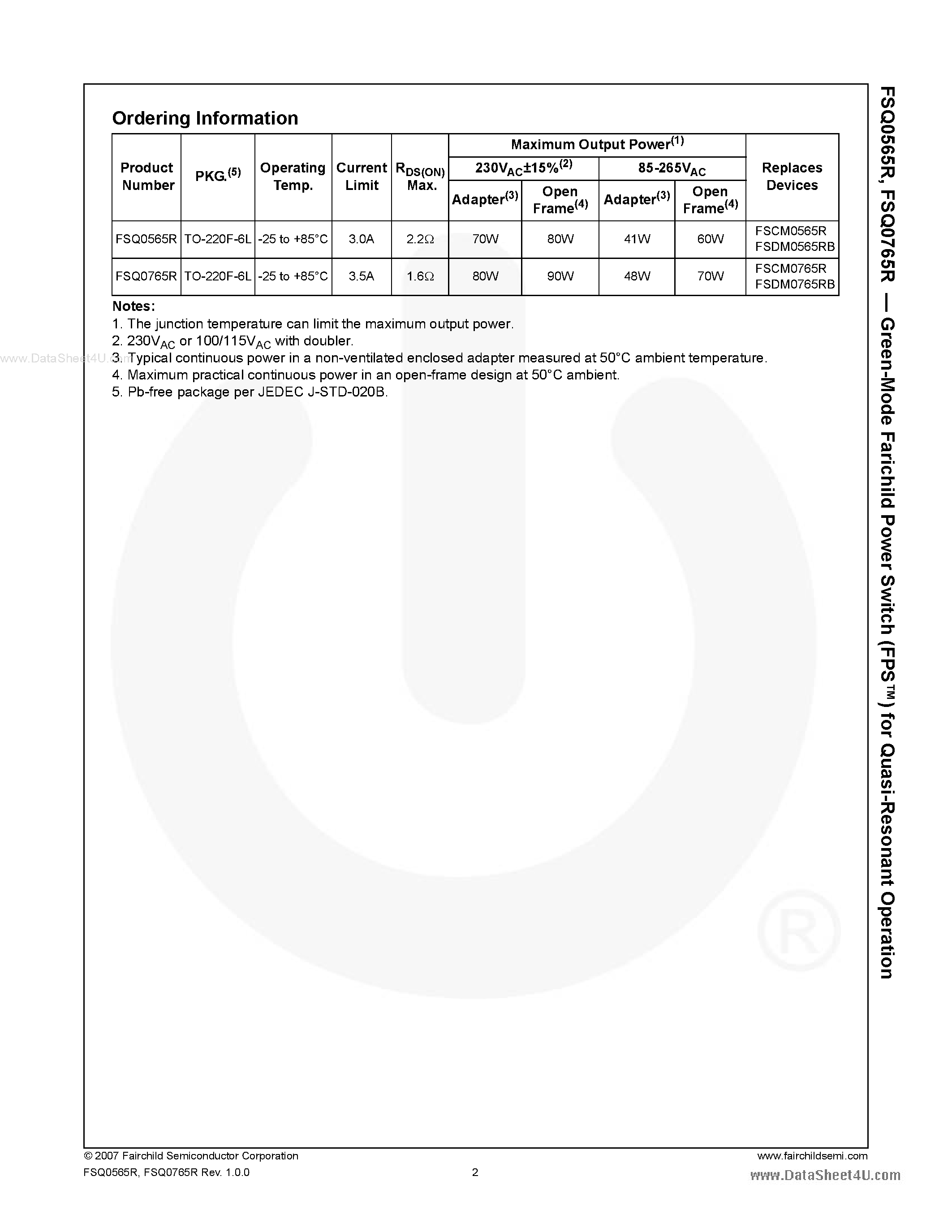 Даташит на микросхему FSQ0565R страница 2 Даташит FSQ0565R - (FSQ0565R / FSQ0765R) Green-Mode Fairchild Power Switch страница 2