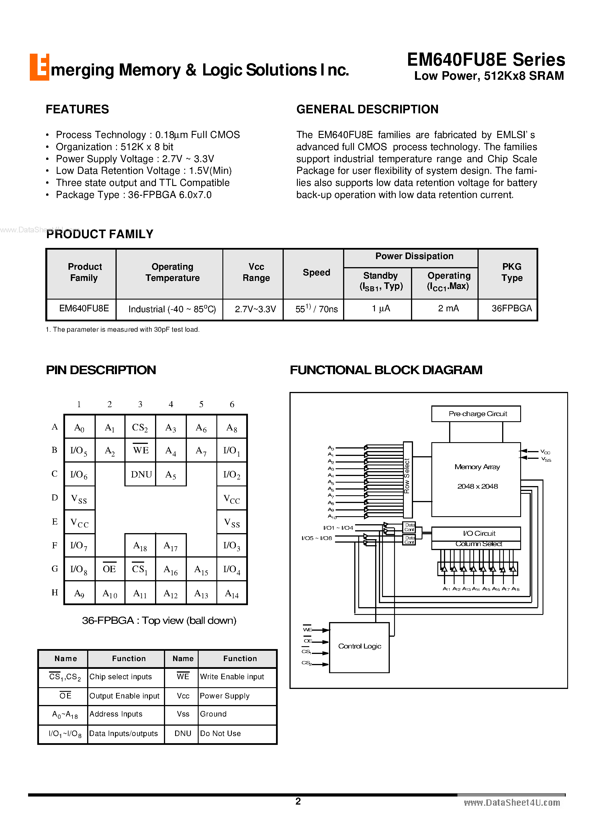 Даташит на микросхему EM640FU8E страница 2 Даташит EM640FU8E - 512K x8 bit Super Low Power and Low Voltage Full CMOS Static RAM страница 2
