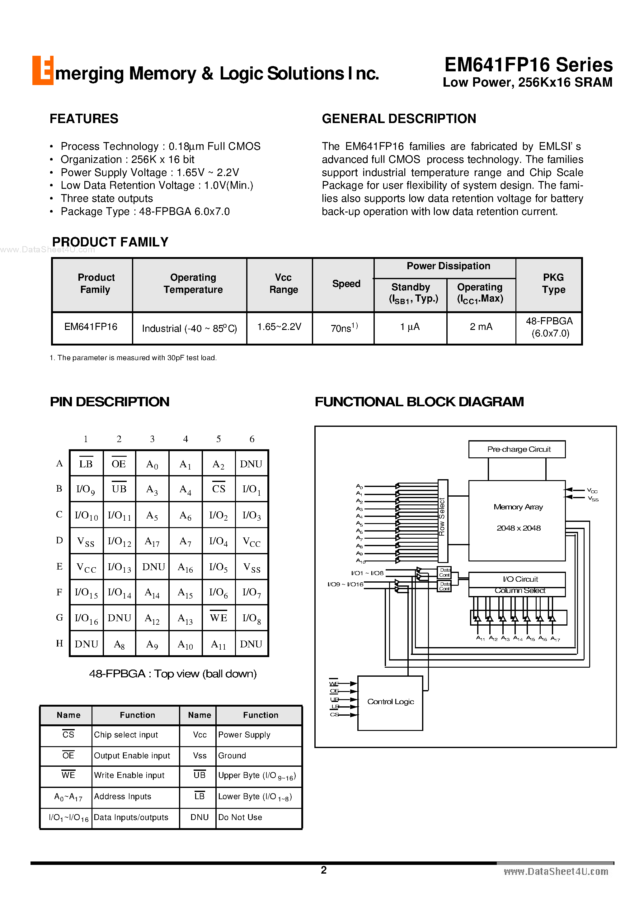 Даташит на микросхему EM641FP16 страница 2 Даташит EM641FP16 - 256K x16 bit Low Power and Low Voltage Full CMOS Static RAM страница 2