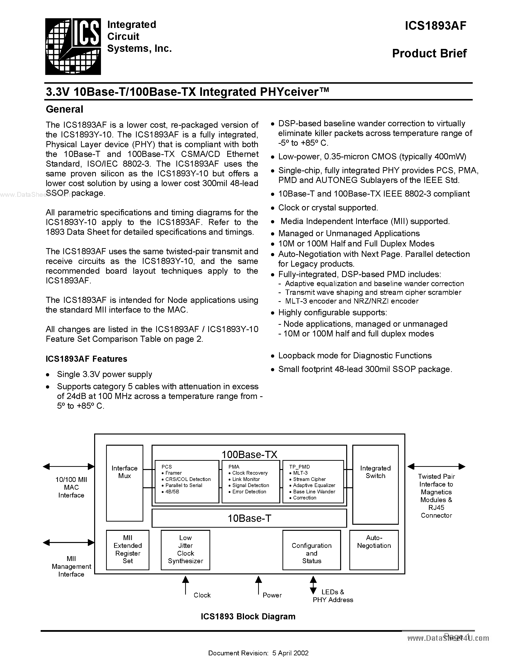 Даташит ICS1893AF - 3.3V 10Base-T/100Base-TX Integrated PHYceiverTM страница 1