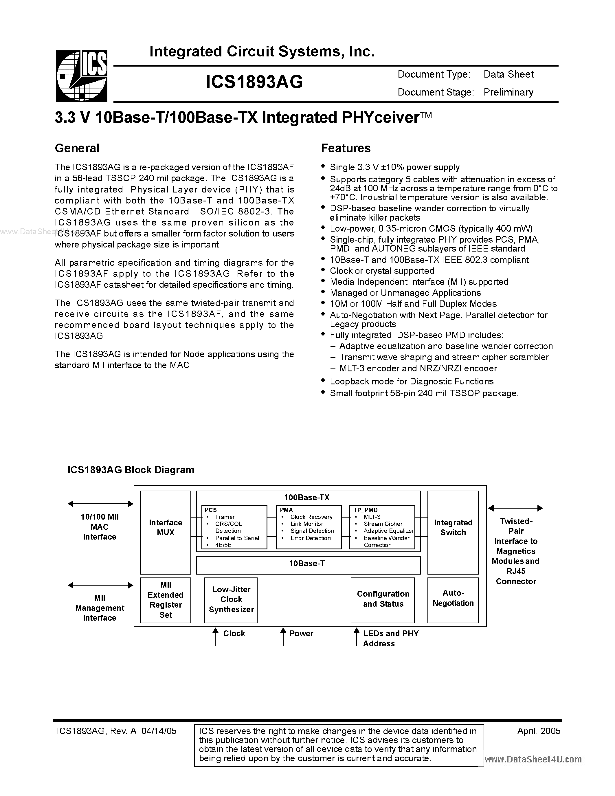 Даташит ICS1893AG - 3.3V 10Base-T/100Base-TX Integrated PHYceiverTM страница 1