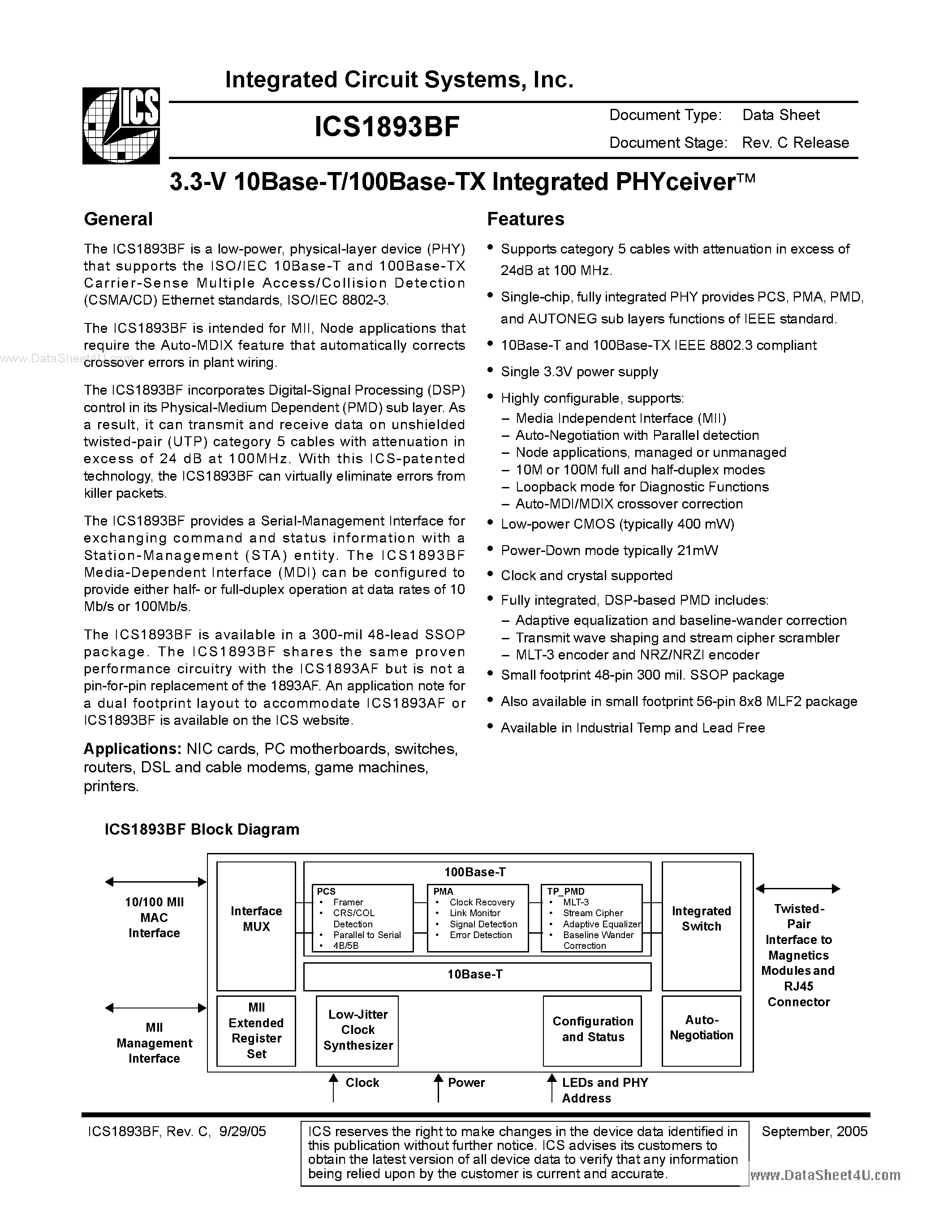 Даташит ICS1893BF - 3.3V 10Base-T/100Base-TX Integrated PHYceiverTM страница 1