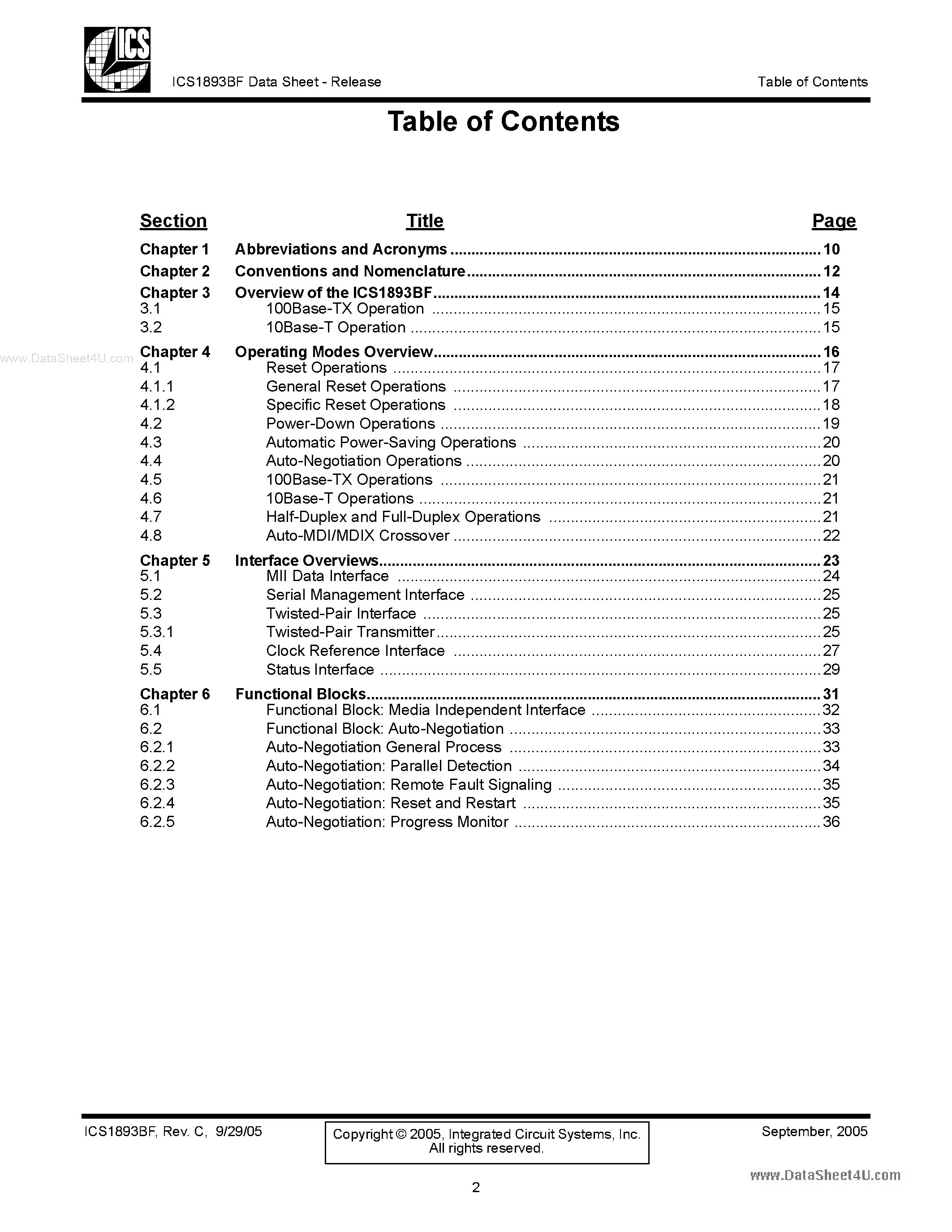 Даташит ICS1893BF - 3.3V 10Base-T/100Base-TX Integrated PHYceiverTM страница 2