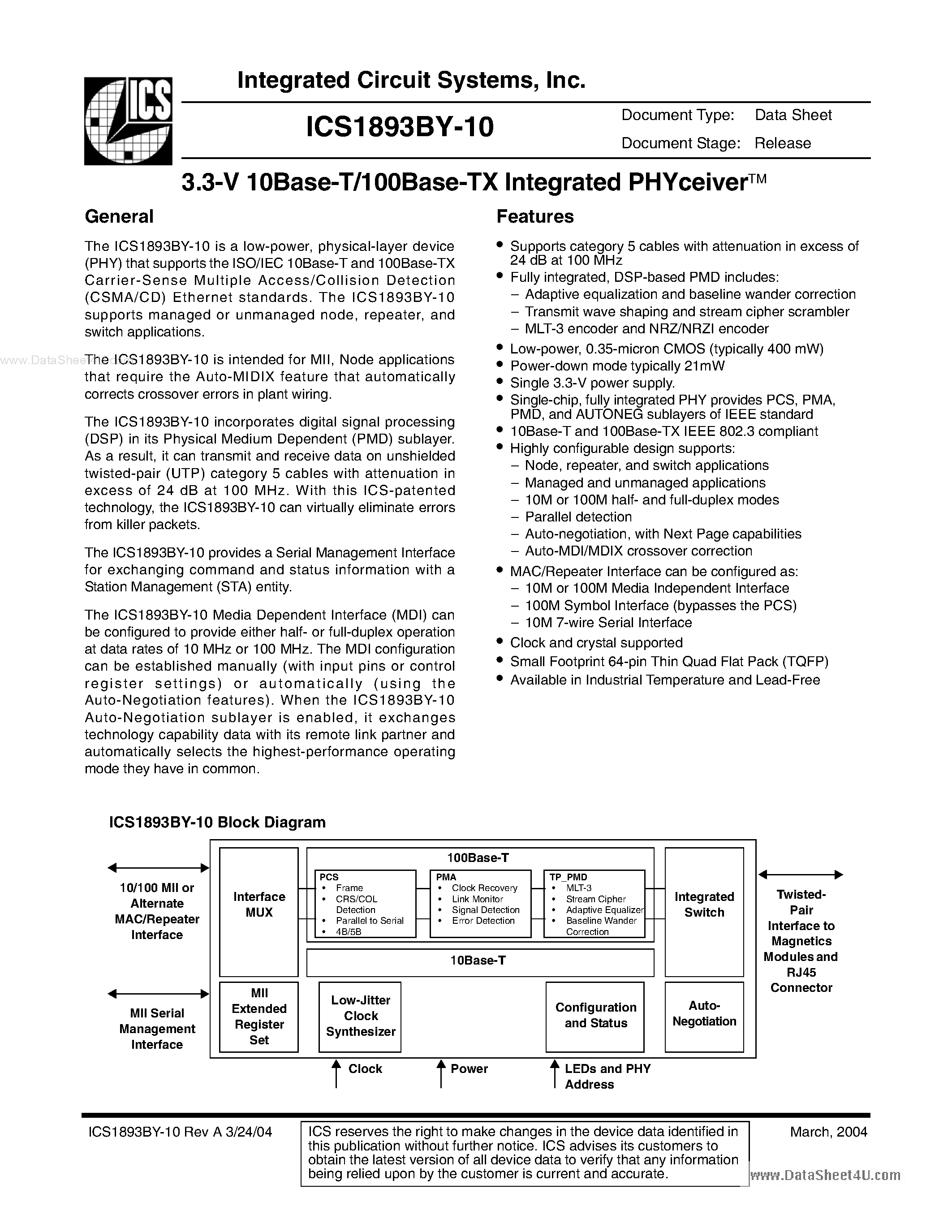 Даташит ICS1893BY-10 - 3.3V 10Base-T/100Base-TX Integrated PHYceiverTM страница 1