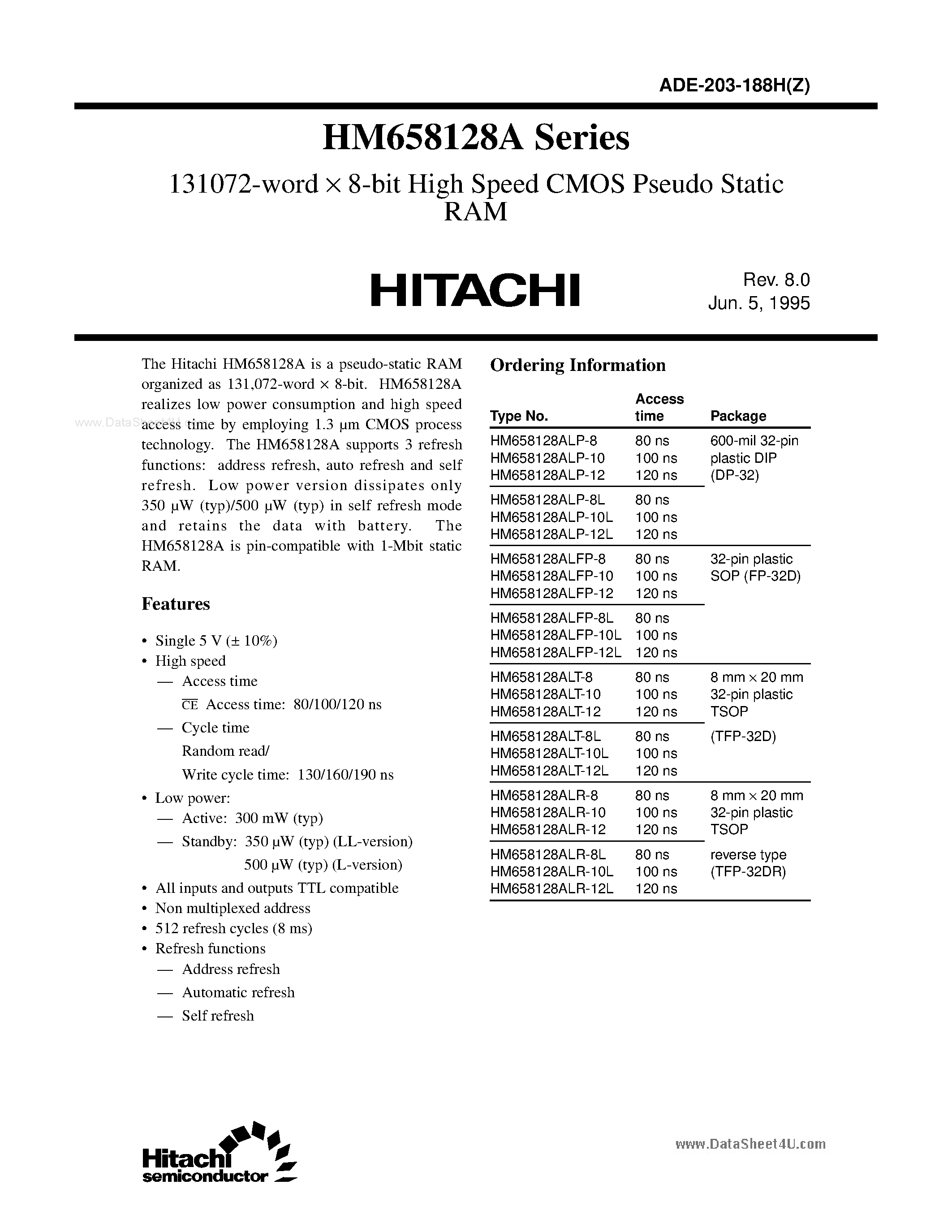 Даташит HM658128A - 131072-word x 8-bit High Speed CMOS Pseudo Static RAM страница 1