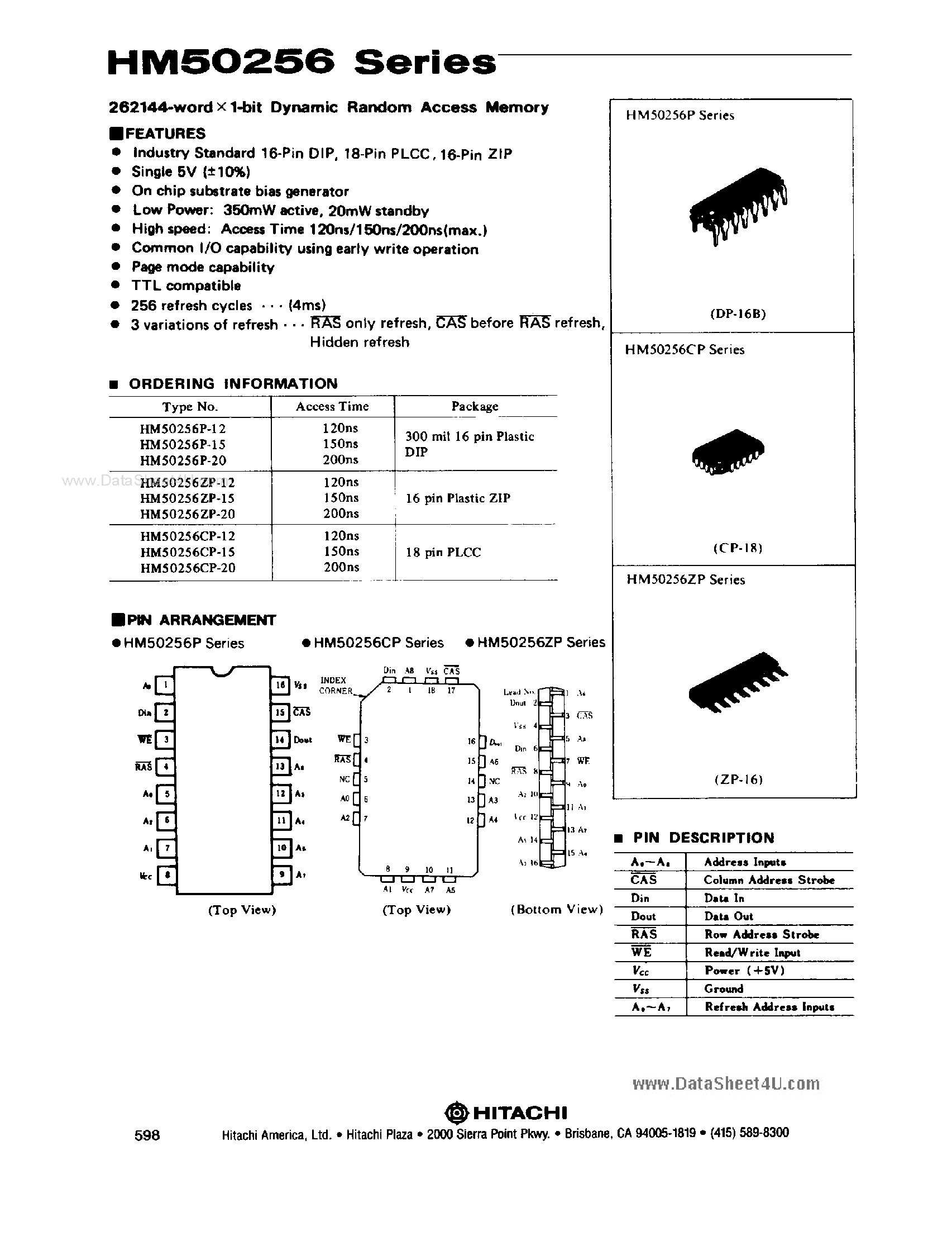 Даташит на микросхему HM50256 страница 1 Даташит HM50256 - 262144 X 1-Bit DRAM страница 1