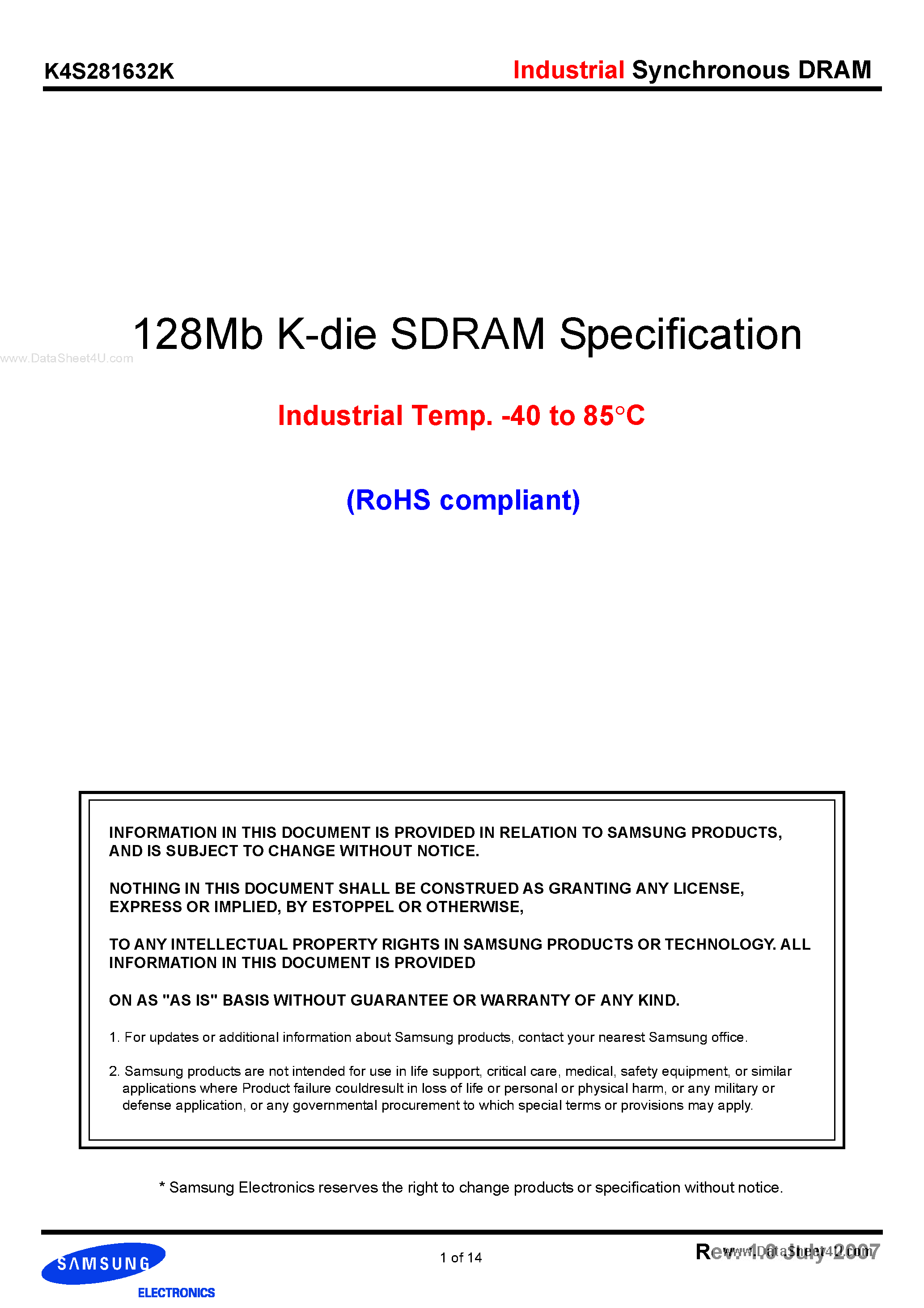 Даташит K4S281632K - 128Mb K-die SDRAM страница 1