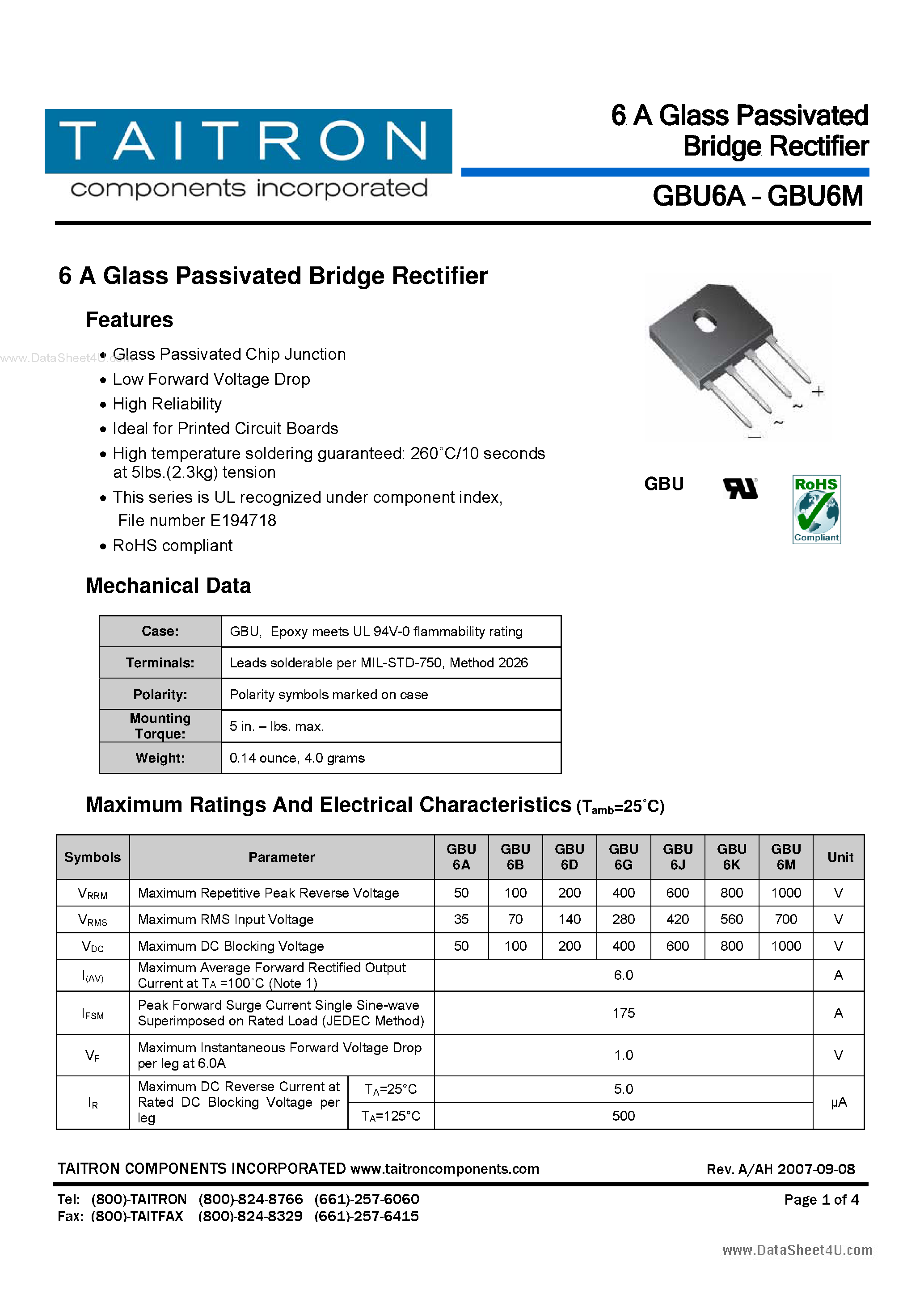 Datasheet GBU6A page 1 Datasheet GBU6A - 6A Glass Passivated Bridge Rectifier page 1