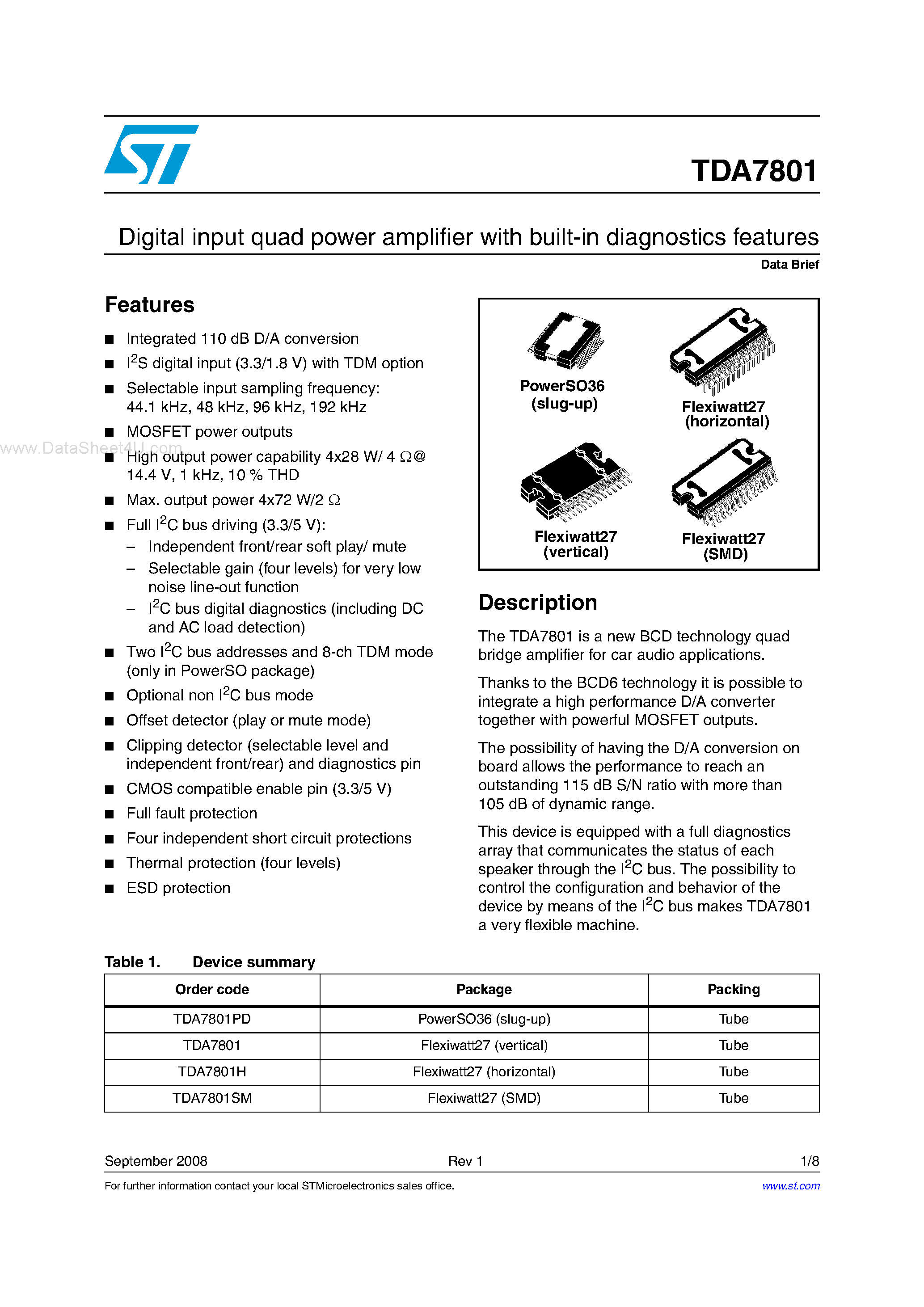 Даташит на микросхему TDA7801 страница 1 Даташит TDA7801 - Digital input quad power amplifier страница 1