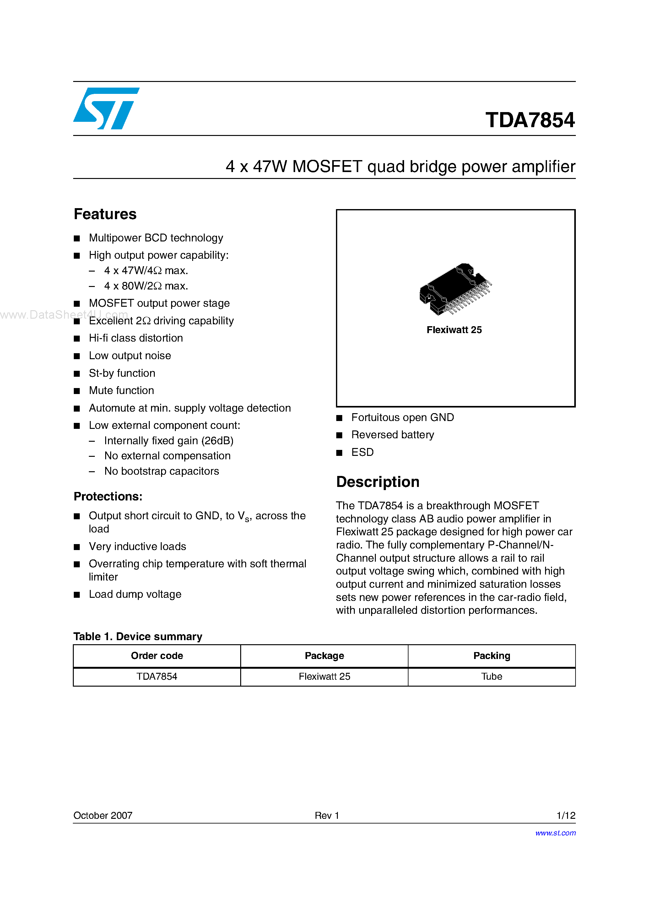 Datasheet TDA7854 - 4 x 47W MOSFET quad bridge power amplifier page 1