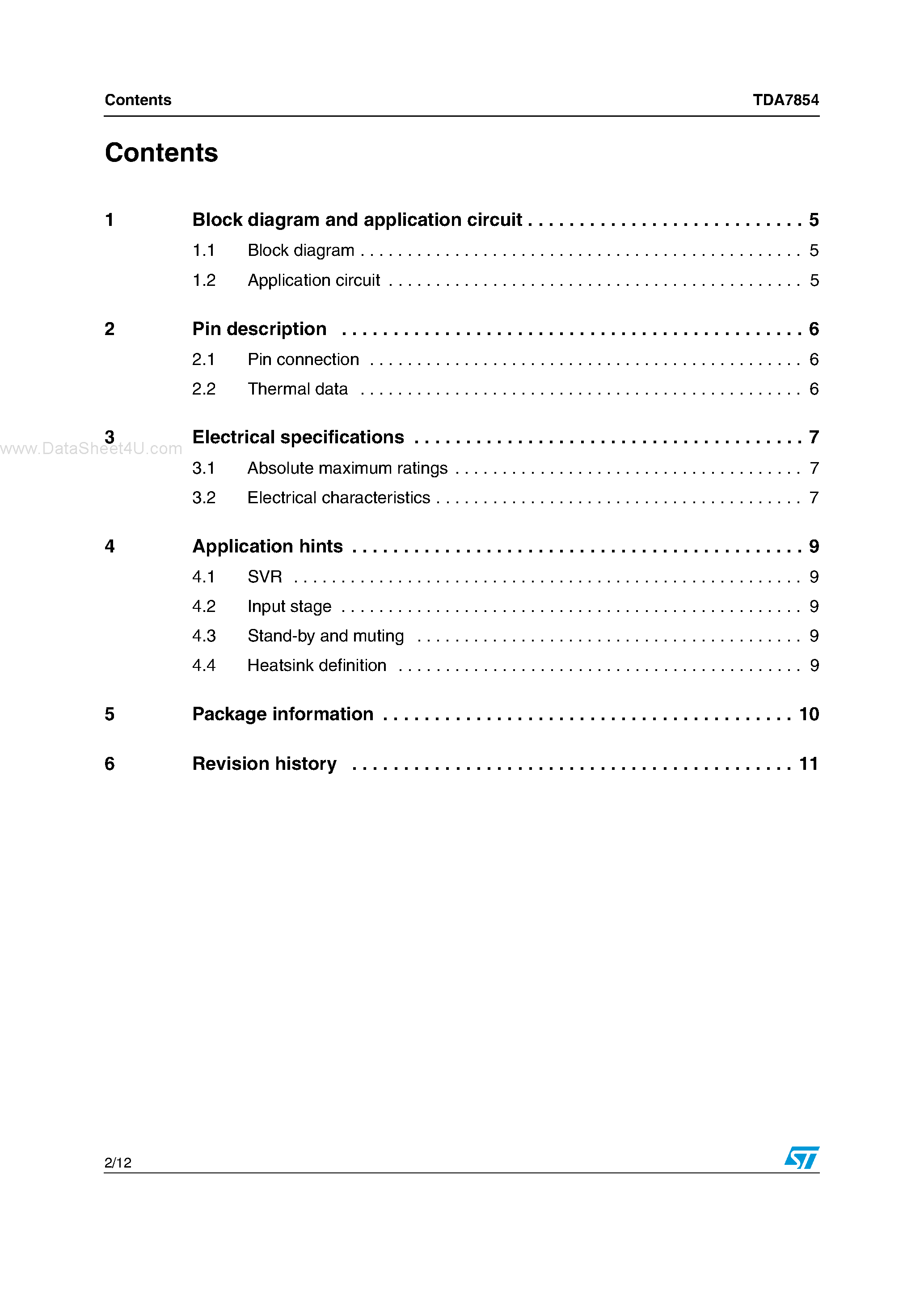 Datasheet TDA7854 - 4 x 47W MOSFET quad bridge power amplifier page 2