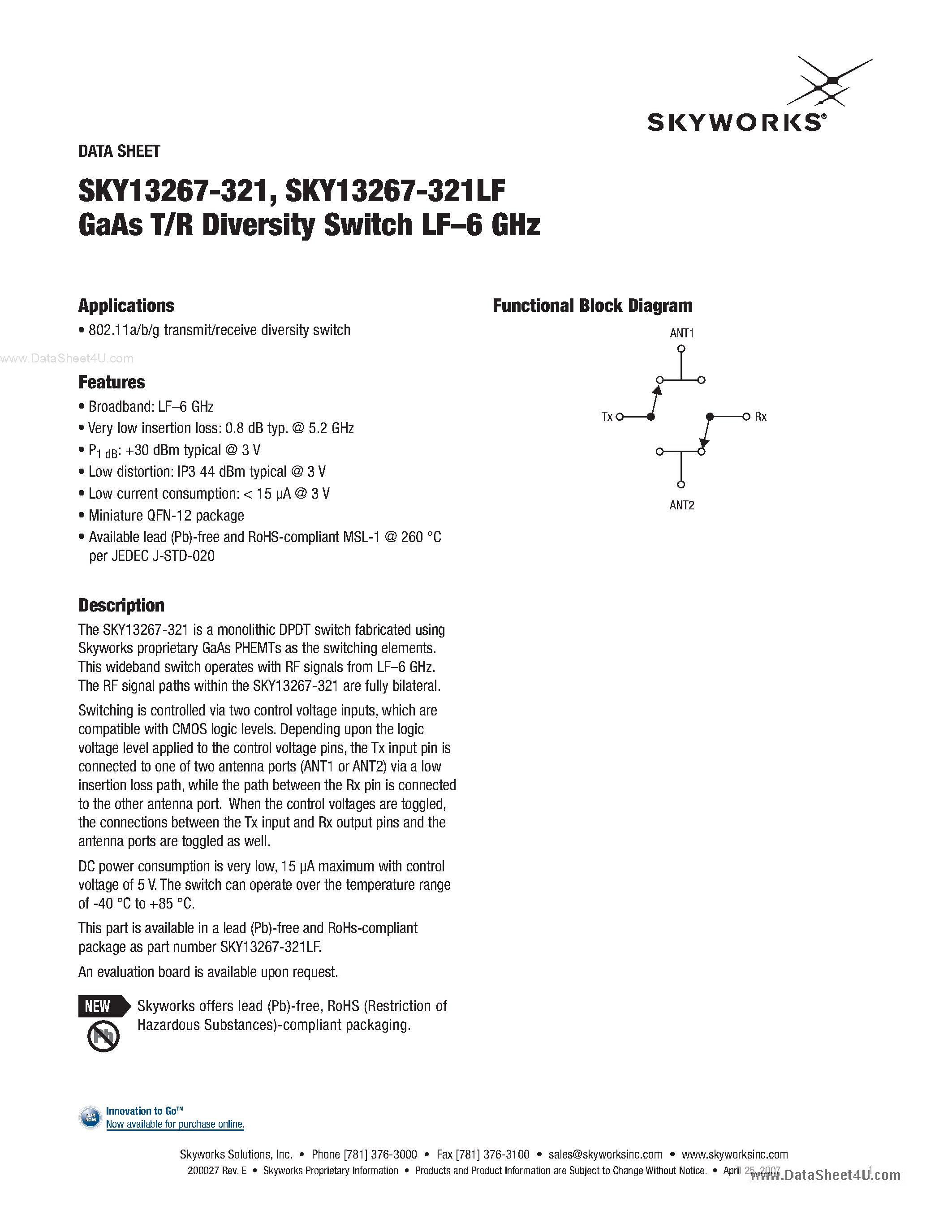 Datasheet SKY13267-321 page 1 Datasheet SKY13267-321 - GaAs T/R Diversity Switch LF-6 GHz page 1