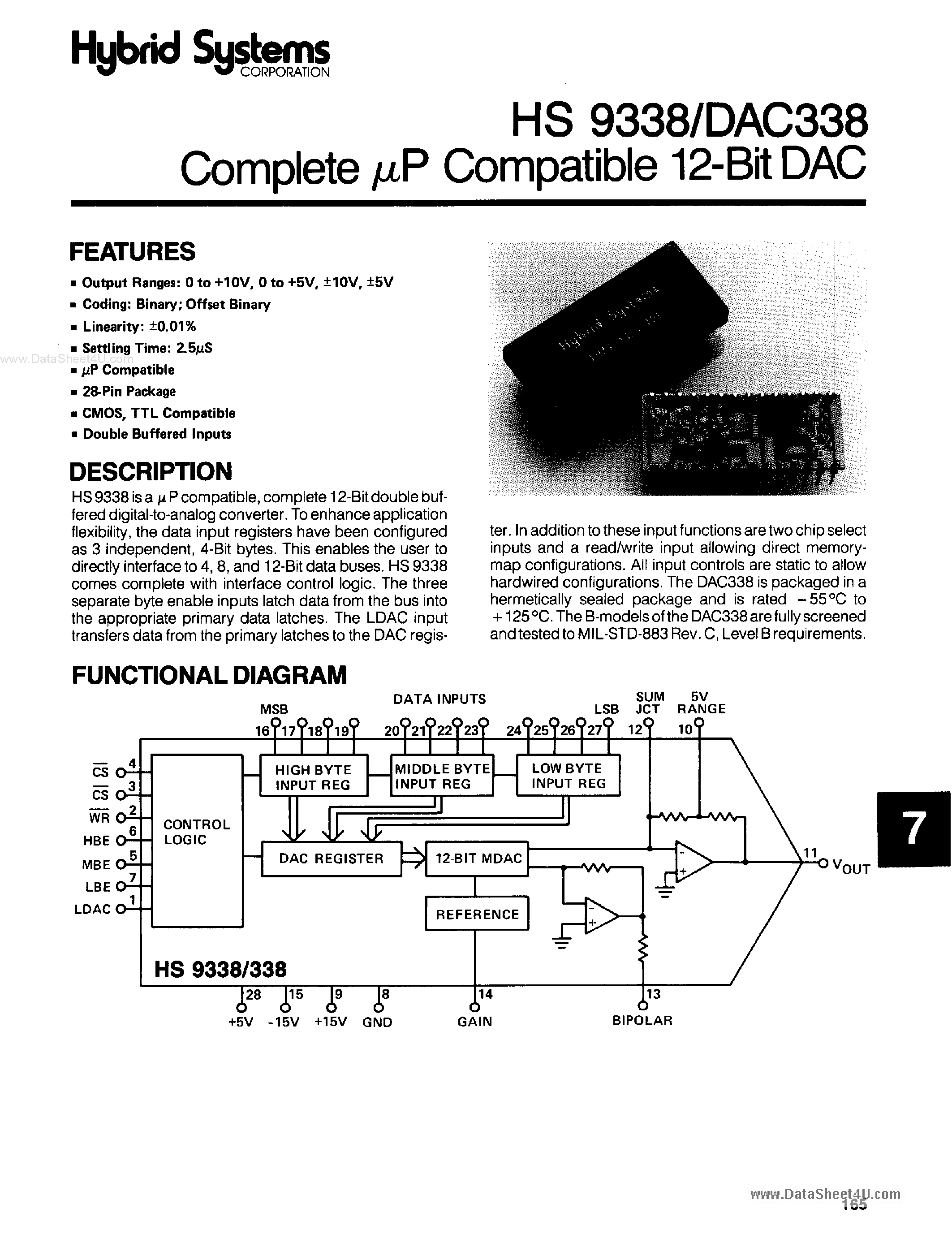 Datasheet HS9338 - Complete uP Compatible 12-Bit DAC page 1