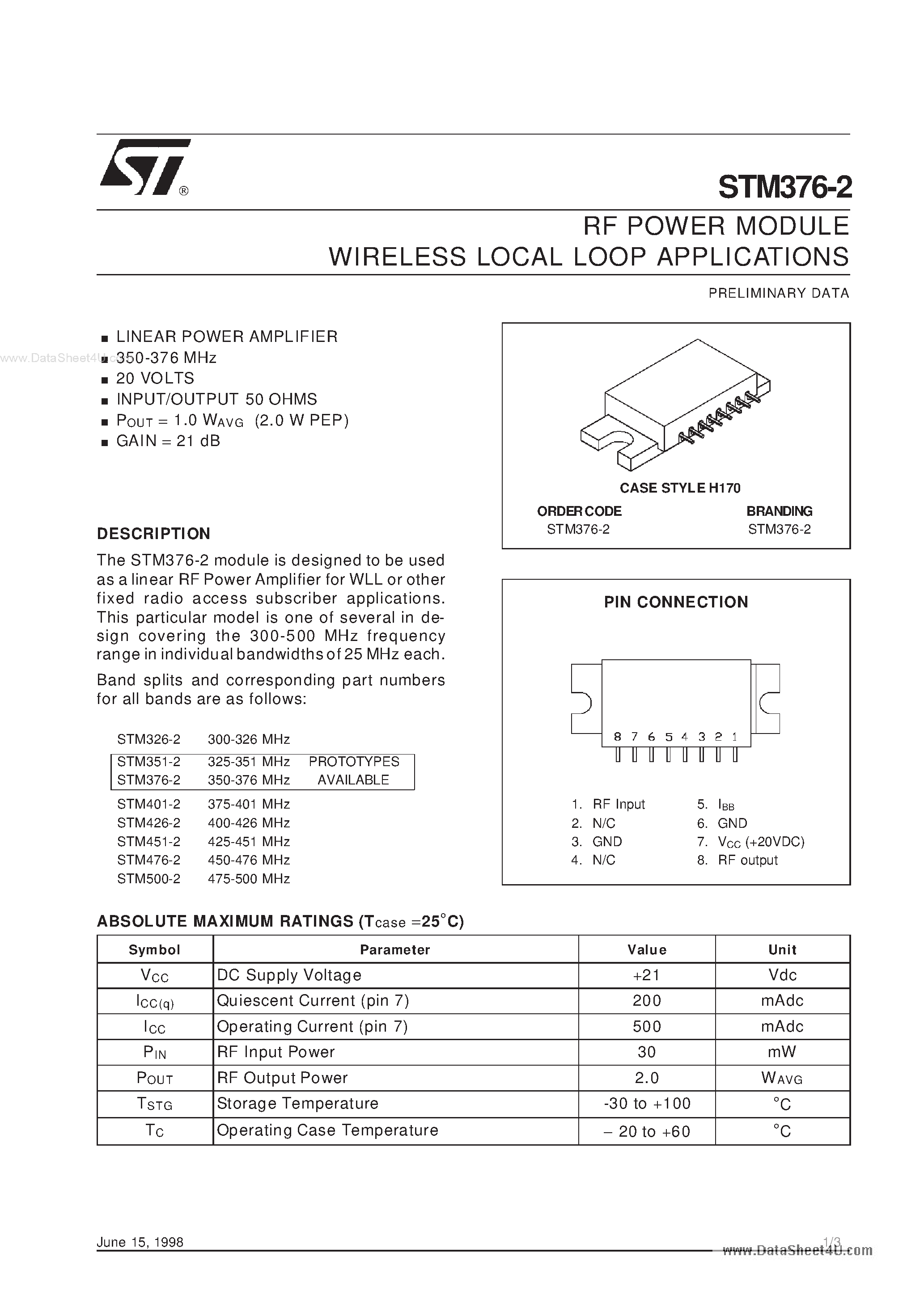 Даташит STM326-2 - RF POWER MODULE WIRELESS LOCAL LOOP APPLICATIONS страница 1