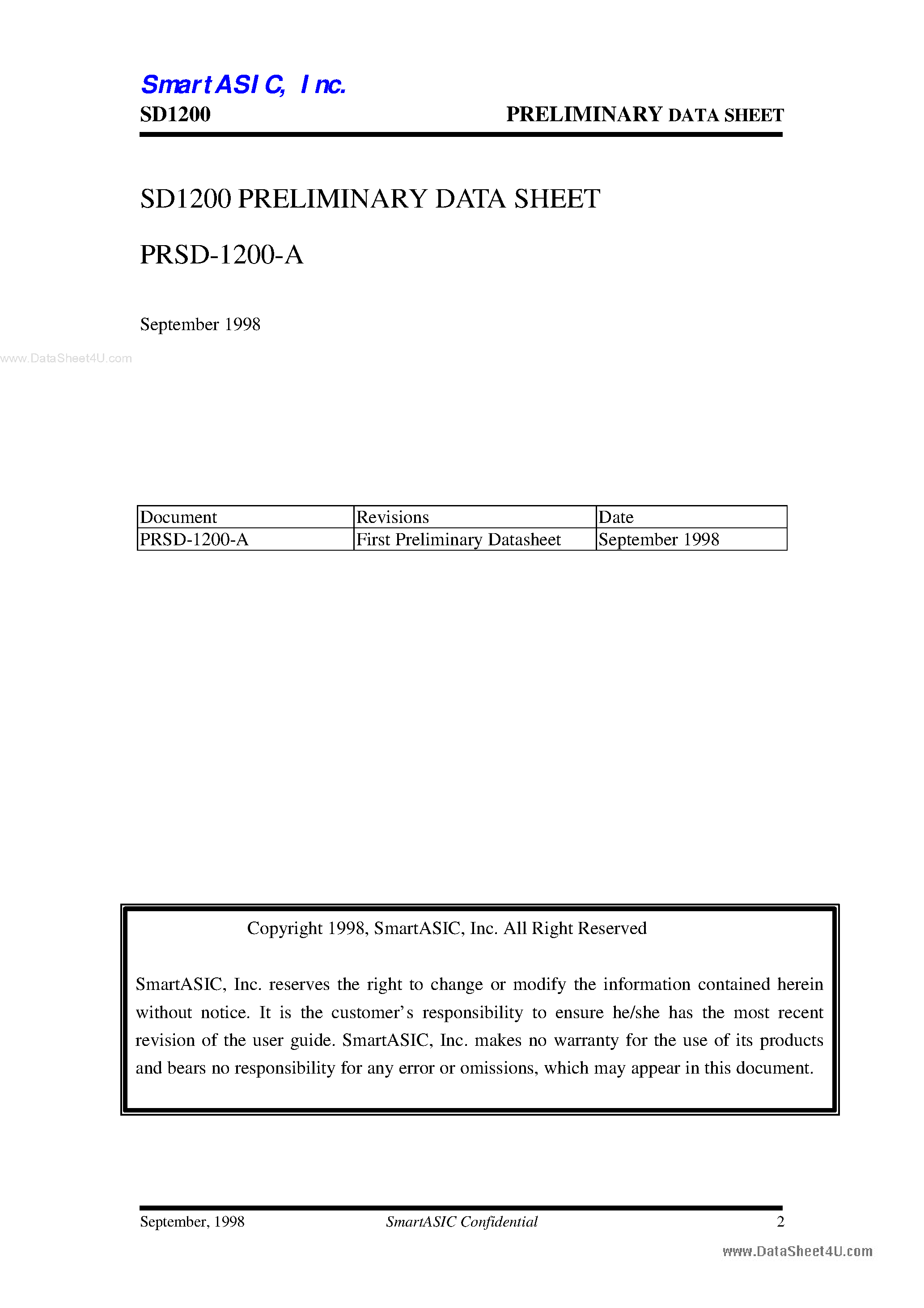 Datasheet SD1200 page 2 Datasheet SD1200 - Analog-Interface XGA/SXGA TFT LCD Display Controller page 2