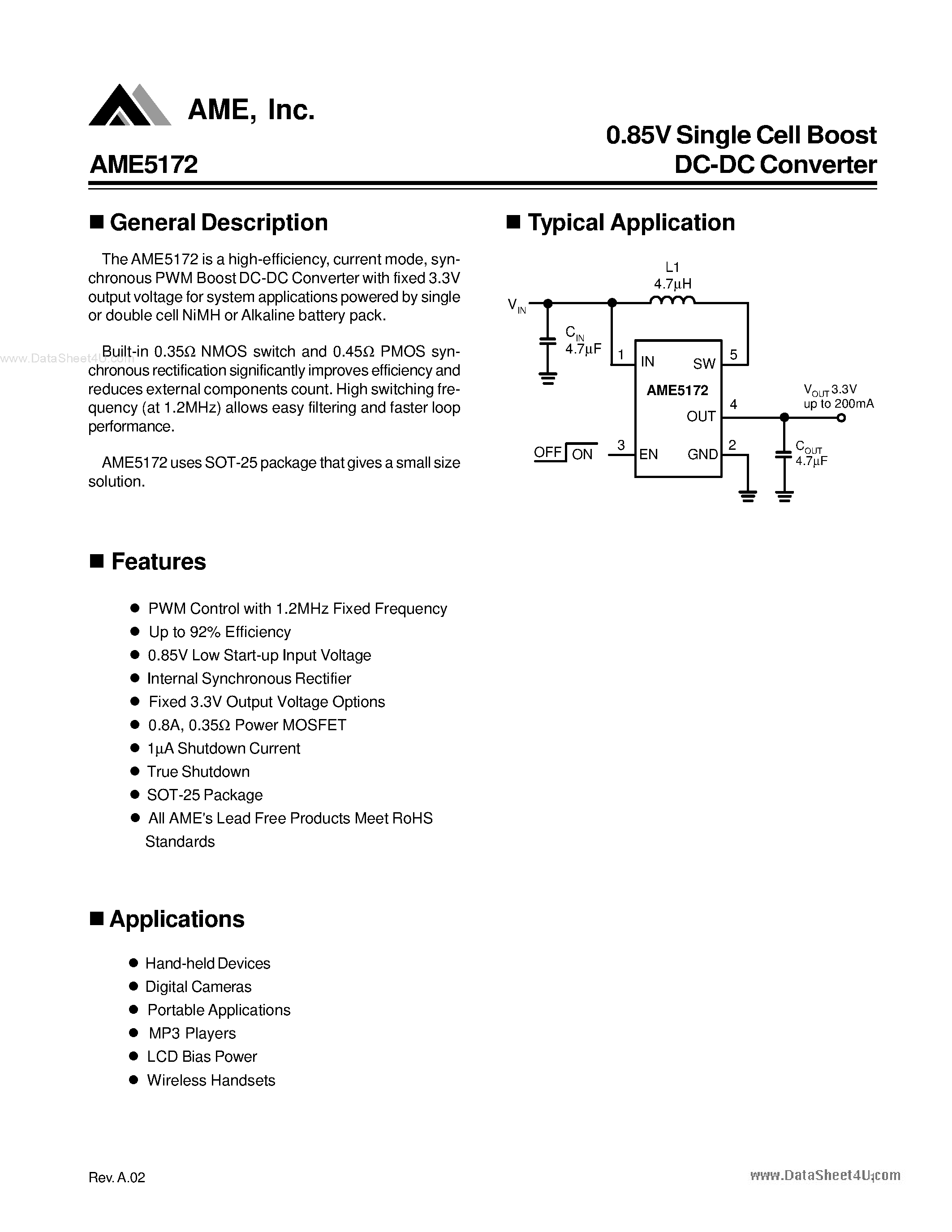 Datasheet AME5172 page 1 Datasheet AME5172 - 0.85V Single Cell Boost DC-DC Converter page 1