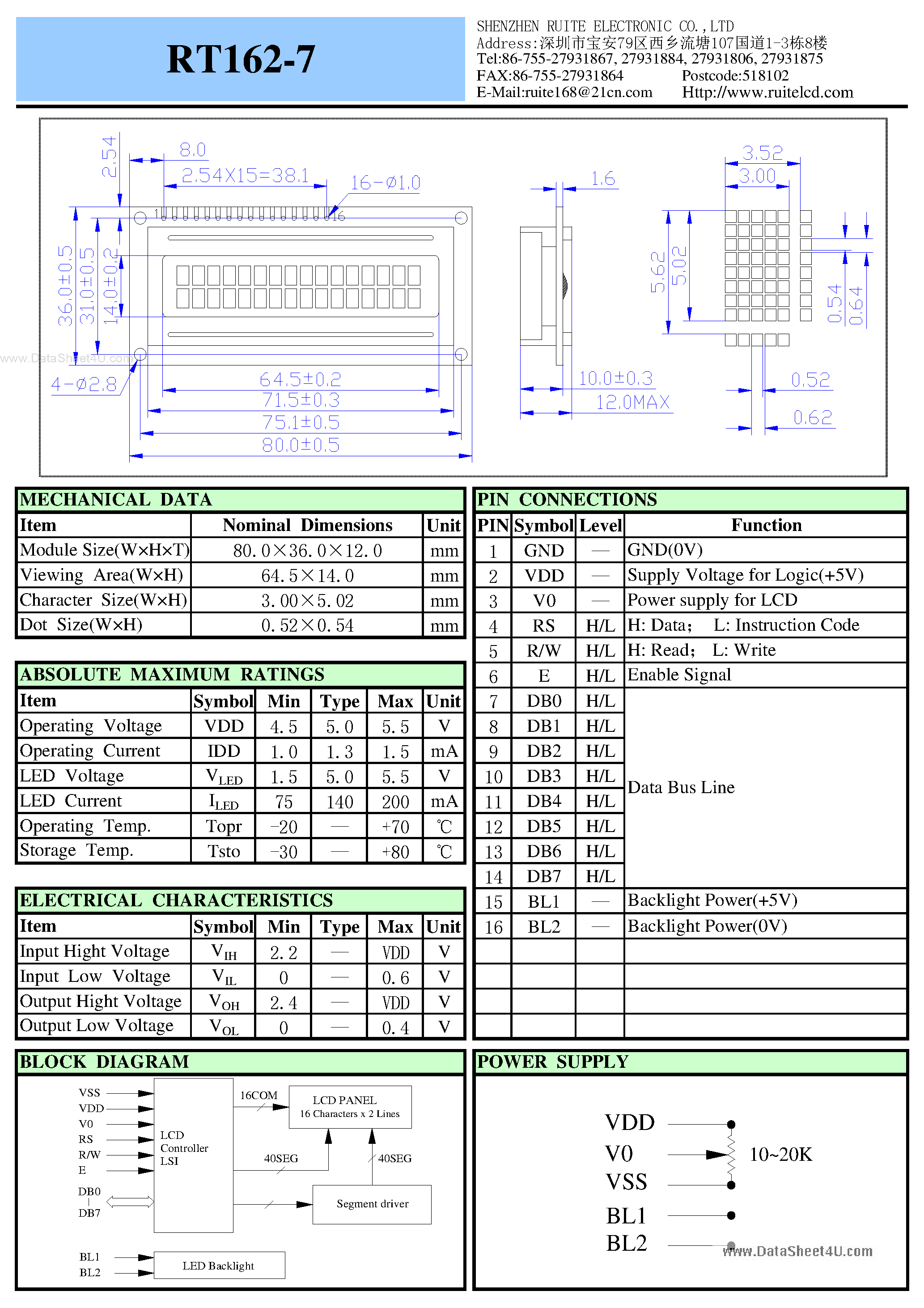 Datasheet RT162-7 - LCD Module page 1