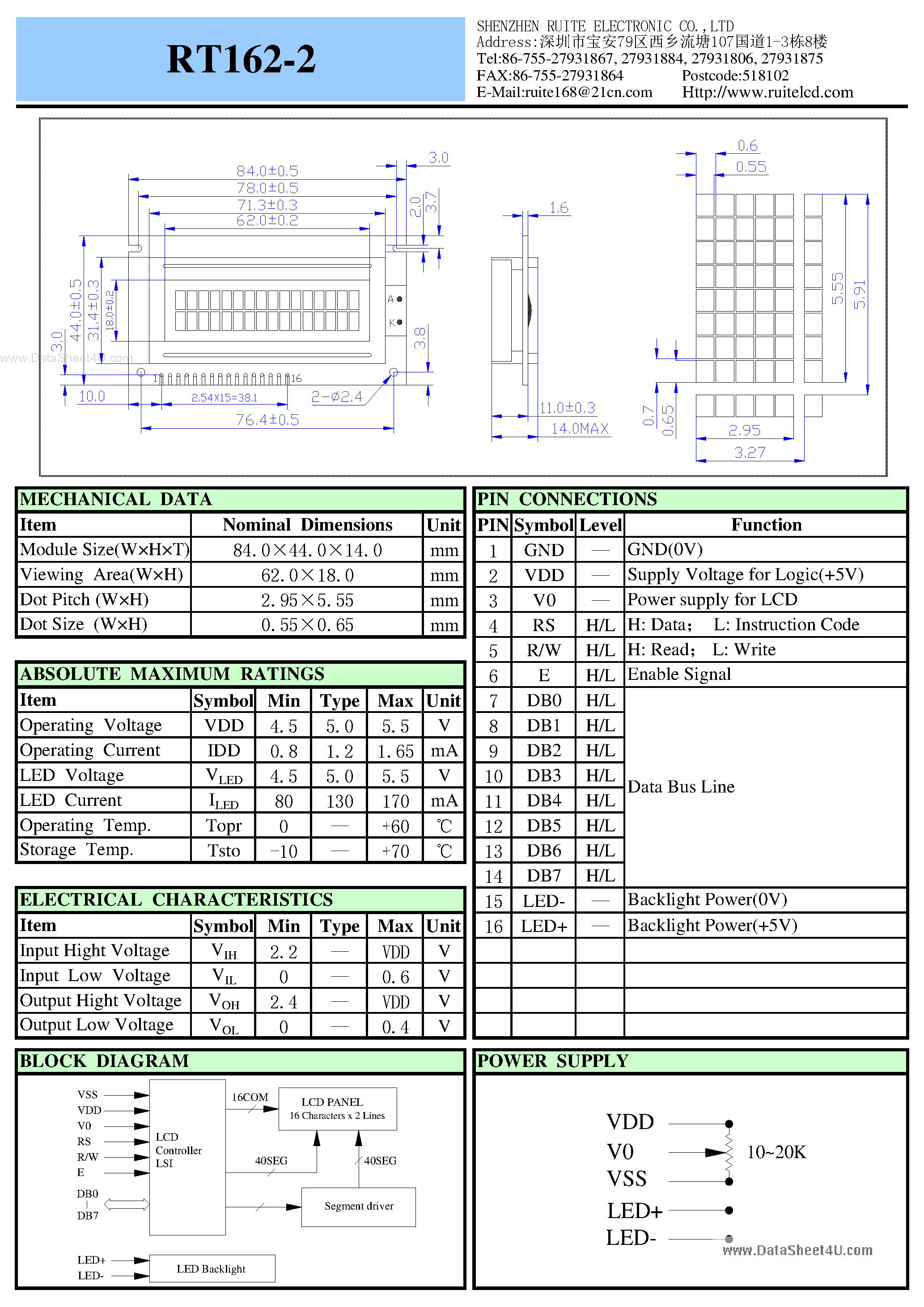 Datasheet RT162-2 - LCD Module page 1
