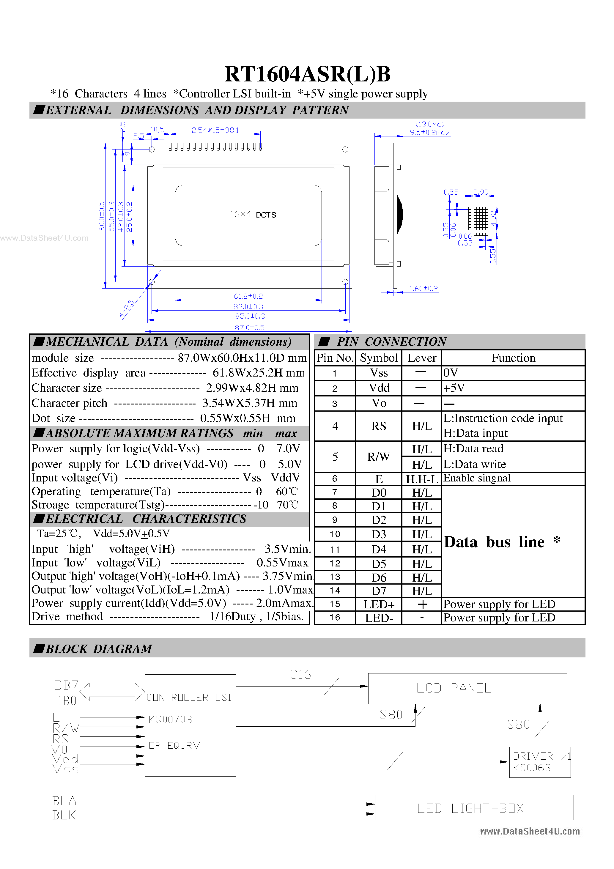 Datasheet RT1604ASR(L)B page 1 Datasheet RT1604ASR(L)B - LCD Module page 1