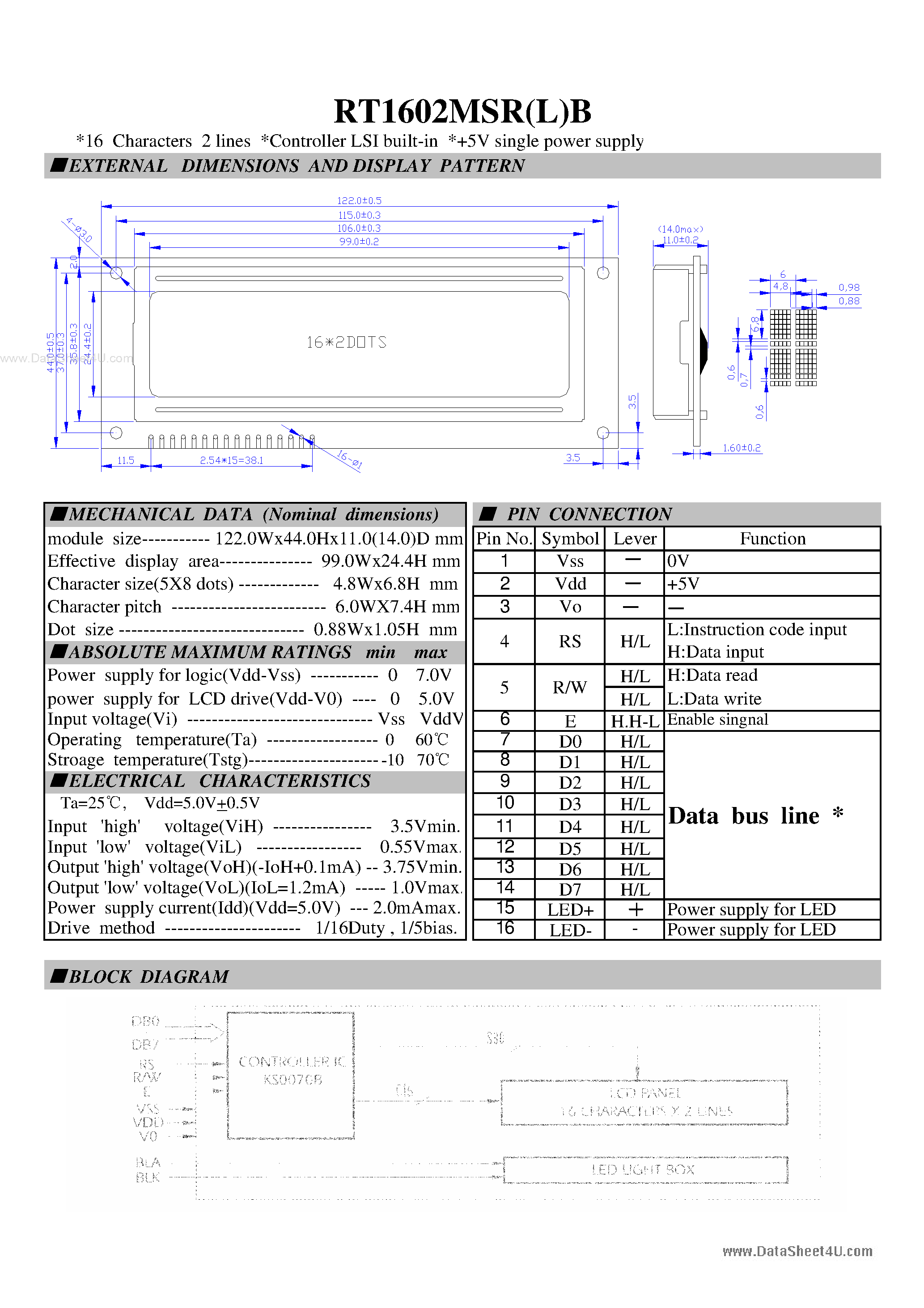 Datasheet RT1602MSR(L)B page 1 Datasheet RT1602MSR(L)B - LCD Module page 1