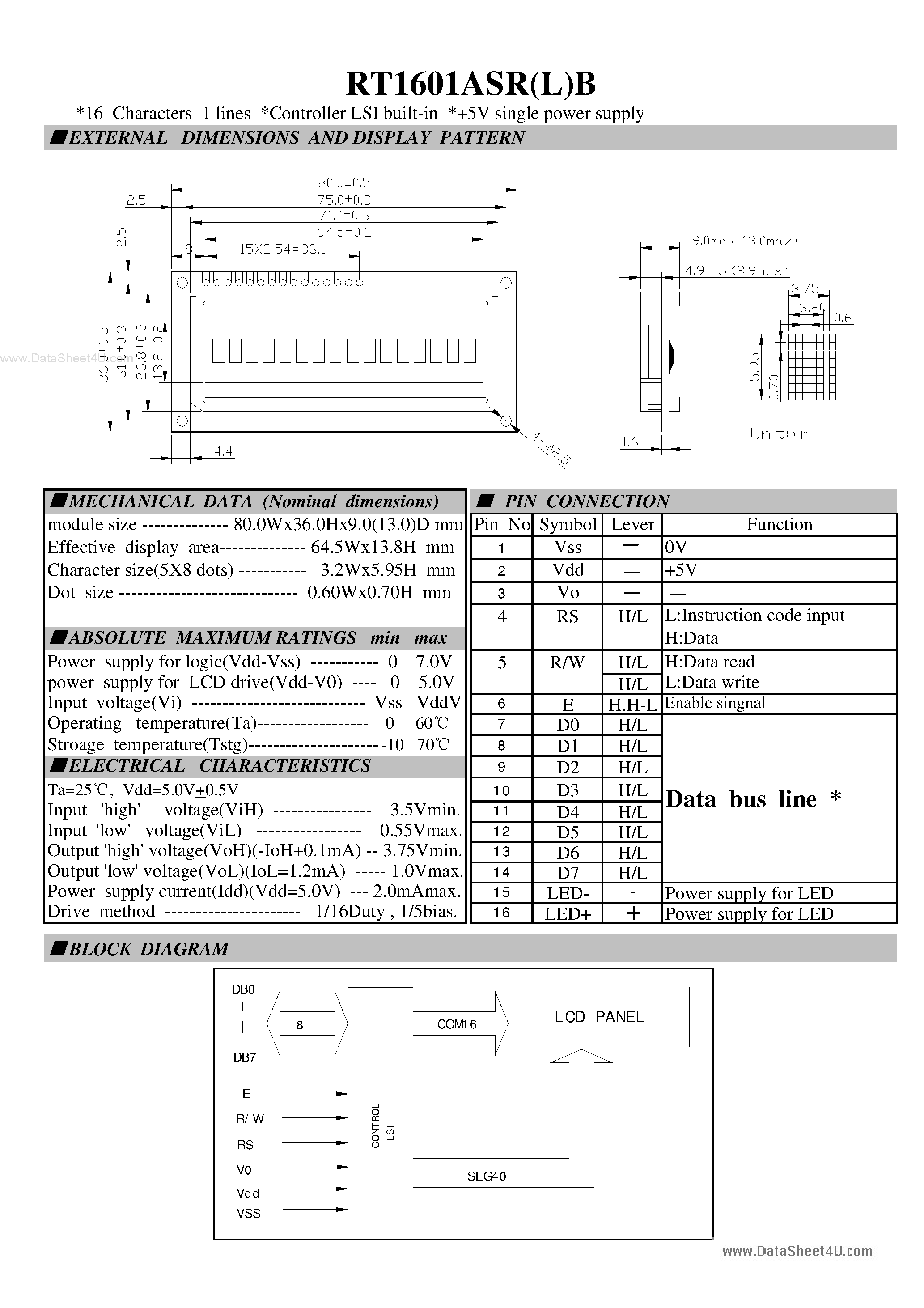 Datasheet RT1601ASR(L)B page 1 Datasheet RT1601ASR(L)B - LCD Module page 1