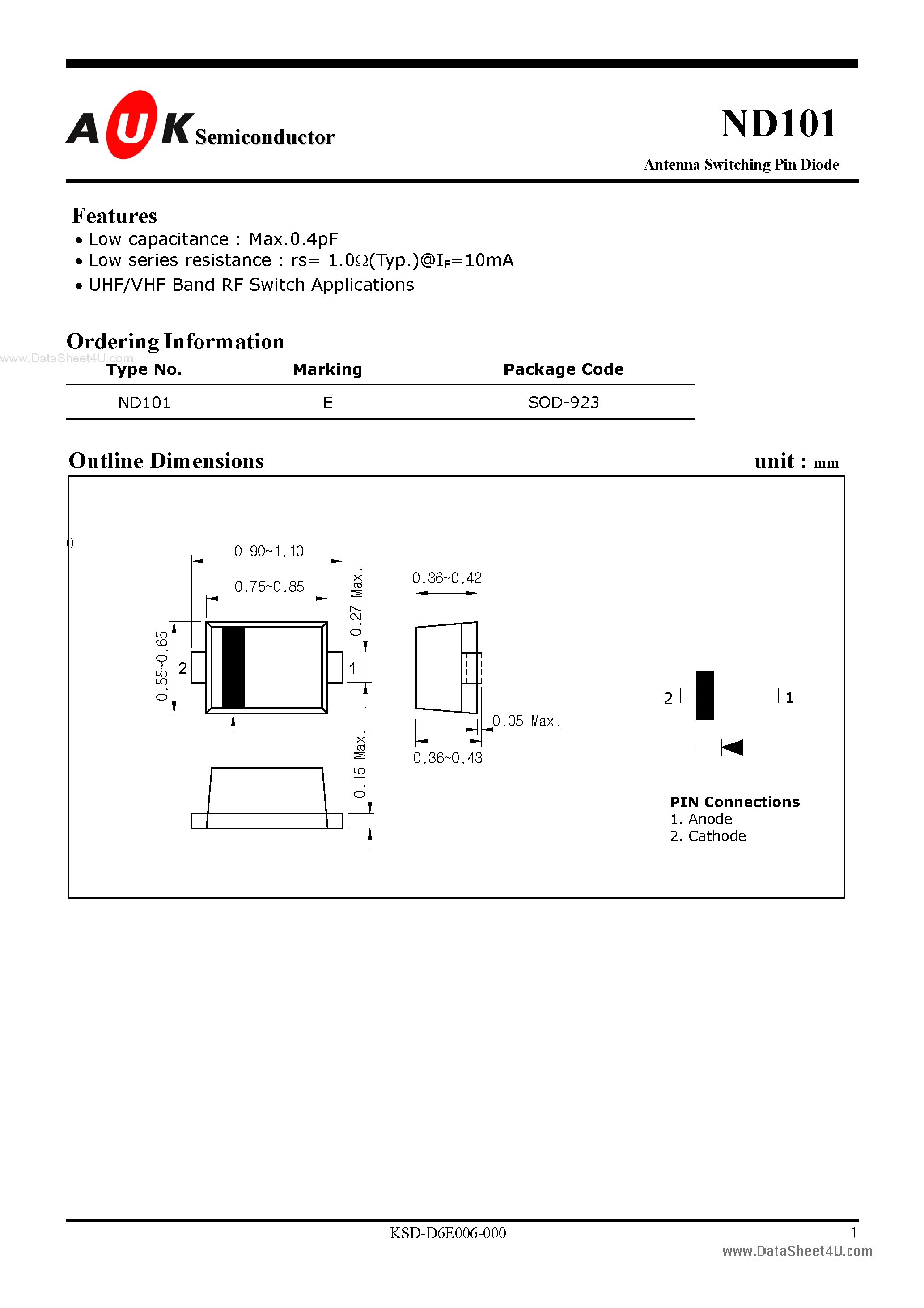 Datasheet ND101 page 1 Datasheet ND101 - Antenna Switching Pin Diode page 1