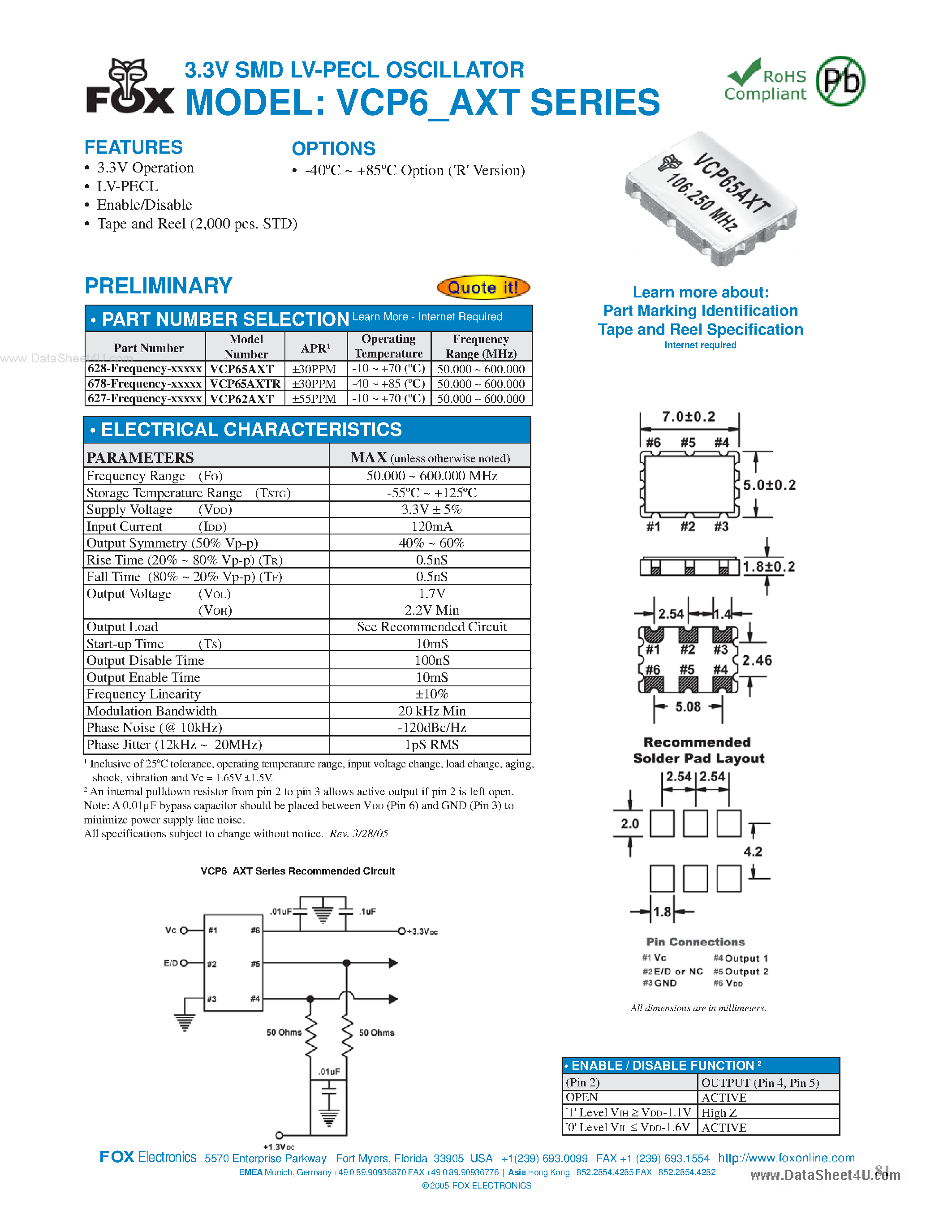 Даташит на микросхему VCP62AXT страница 1 Даташит VCP62AXT - 3.3V SMD LV-PECL OSCILLATOR страница 1