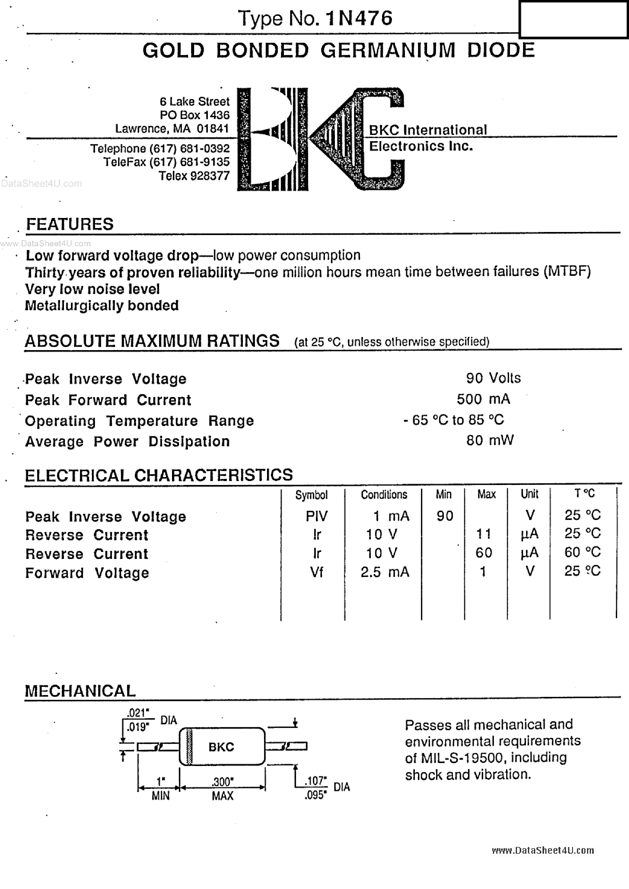Datasheet 1N476A page 1 Datasheet 1N476A - Gold Bonede Germanium Diode page 1