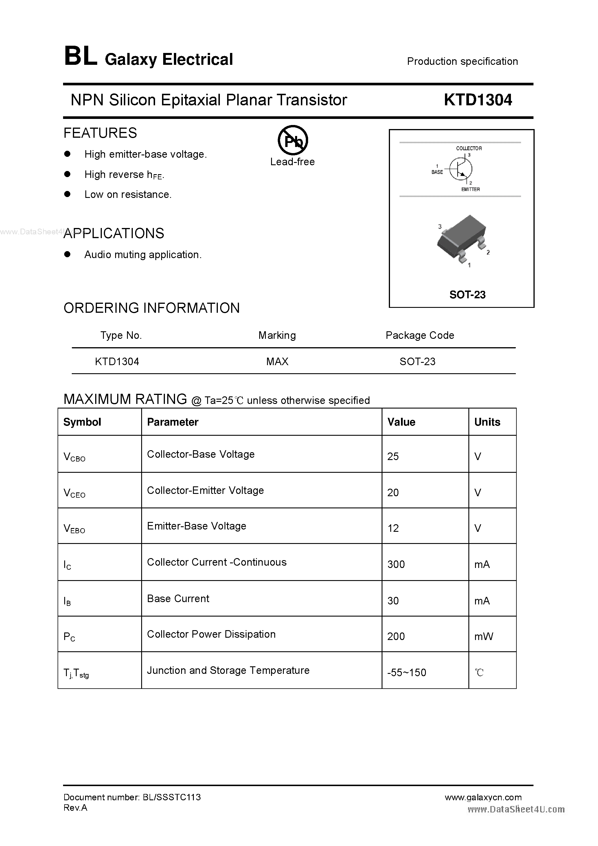 Datasheet KTD1304 - NPN Silicon Epitaxial Planar Transistor page 1