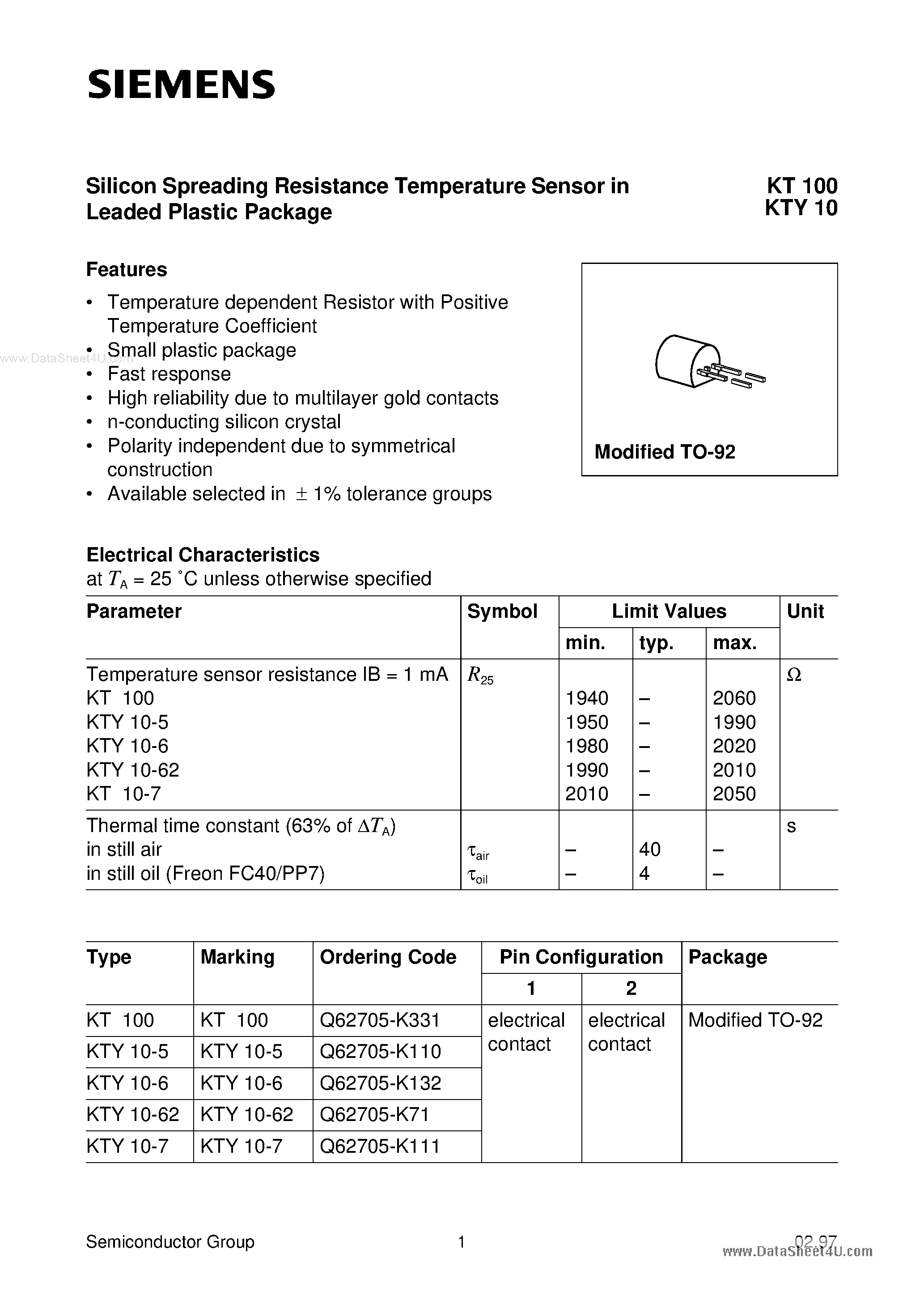 Даташит Q62705-K110 - Silicon Spreading Resistance Temperature Sensor страница 1