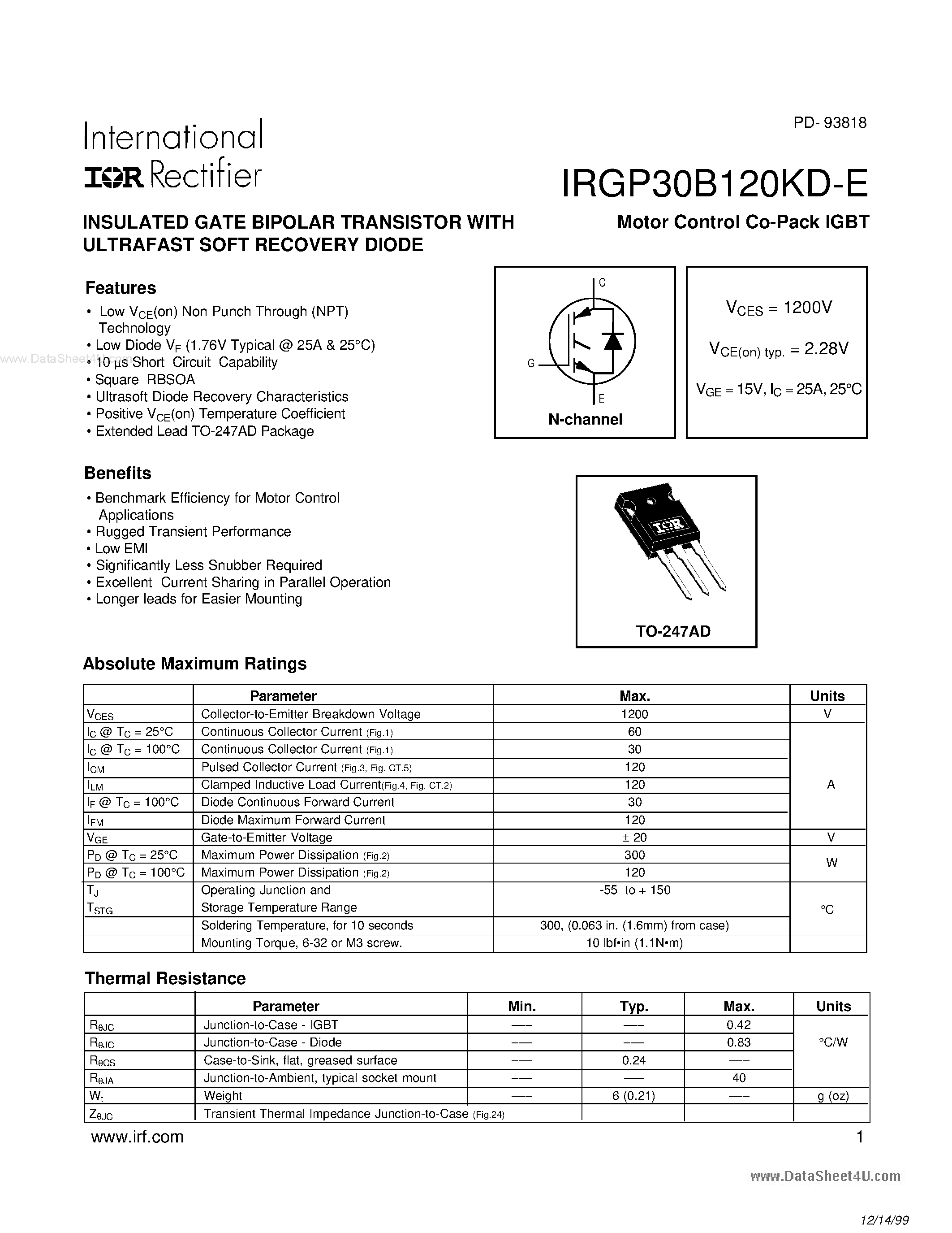 Даташит на микросхему GP30B120KD-E страница 1 Даташит GP30B120KD-E - Search -----> IRGP30B120KD-E страница 1