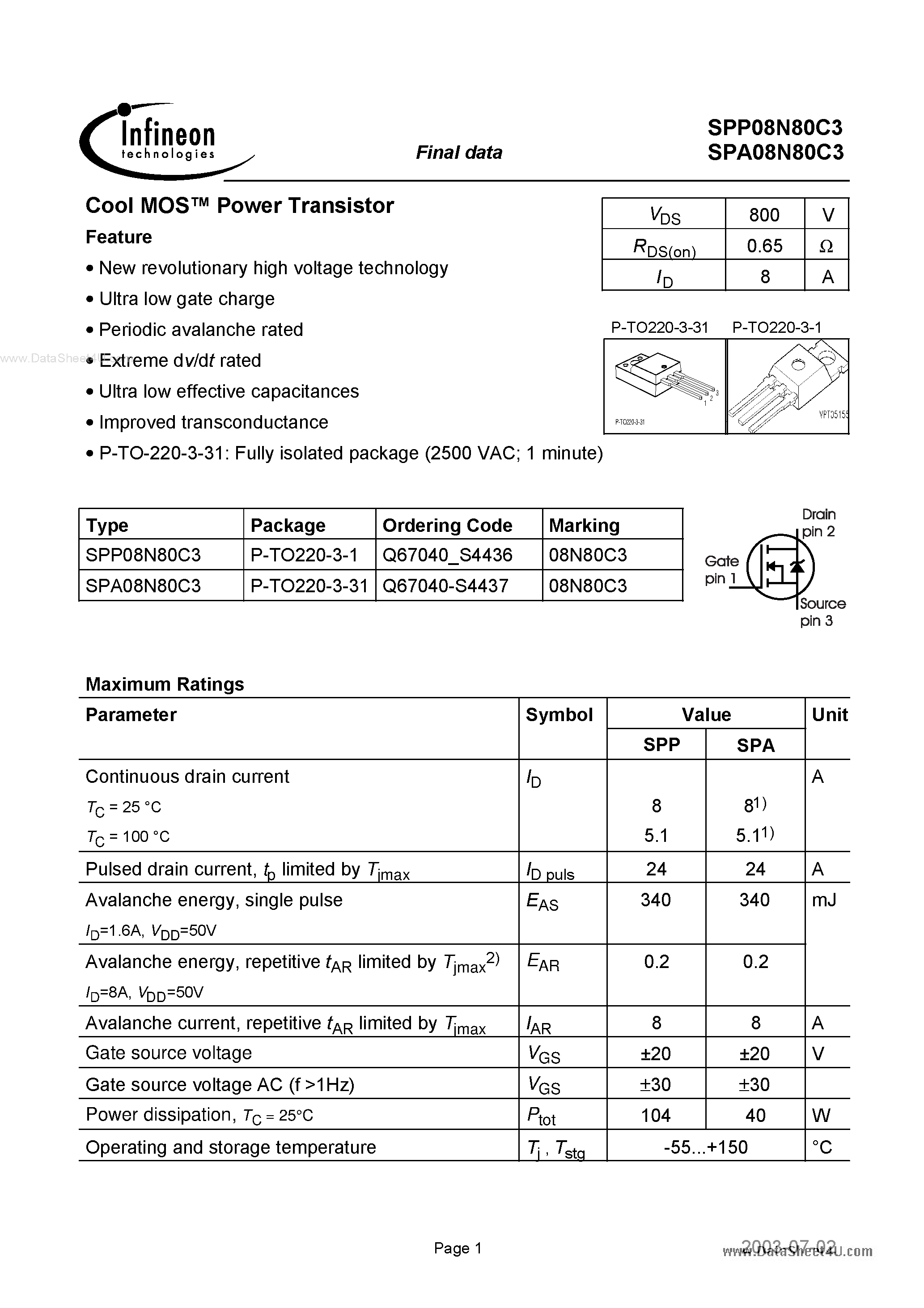 Datasheet 08N80C3 - Search -----> SPP08N80C3 page 1