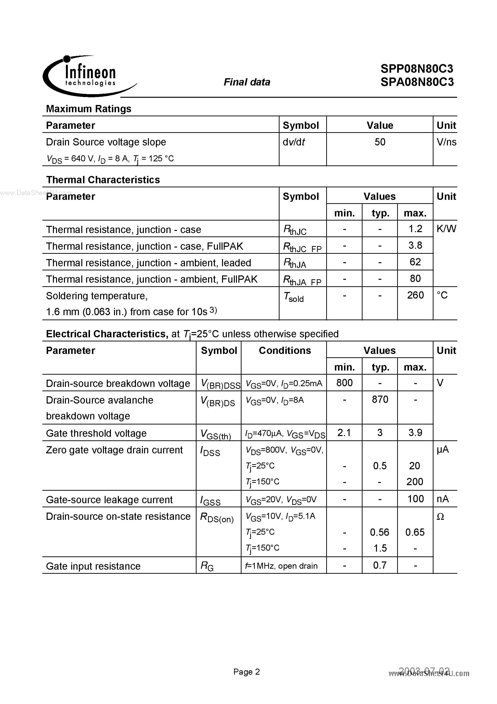 Datasheet 08N80C3 - Search -----> SPP08N80C3 page 2