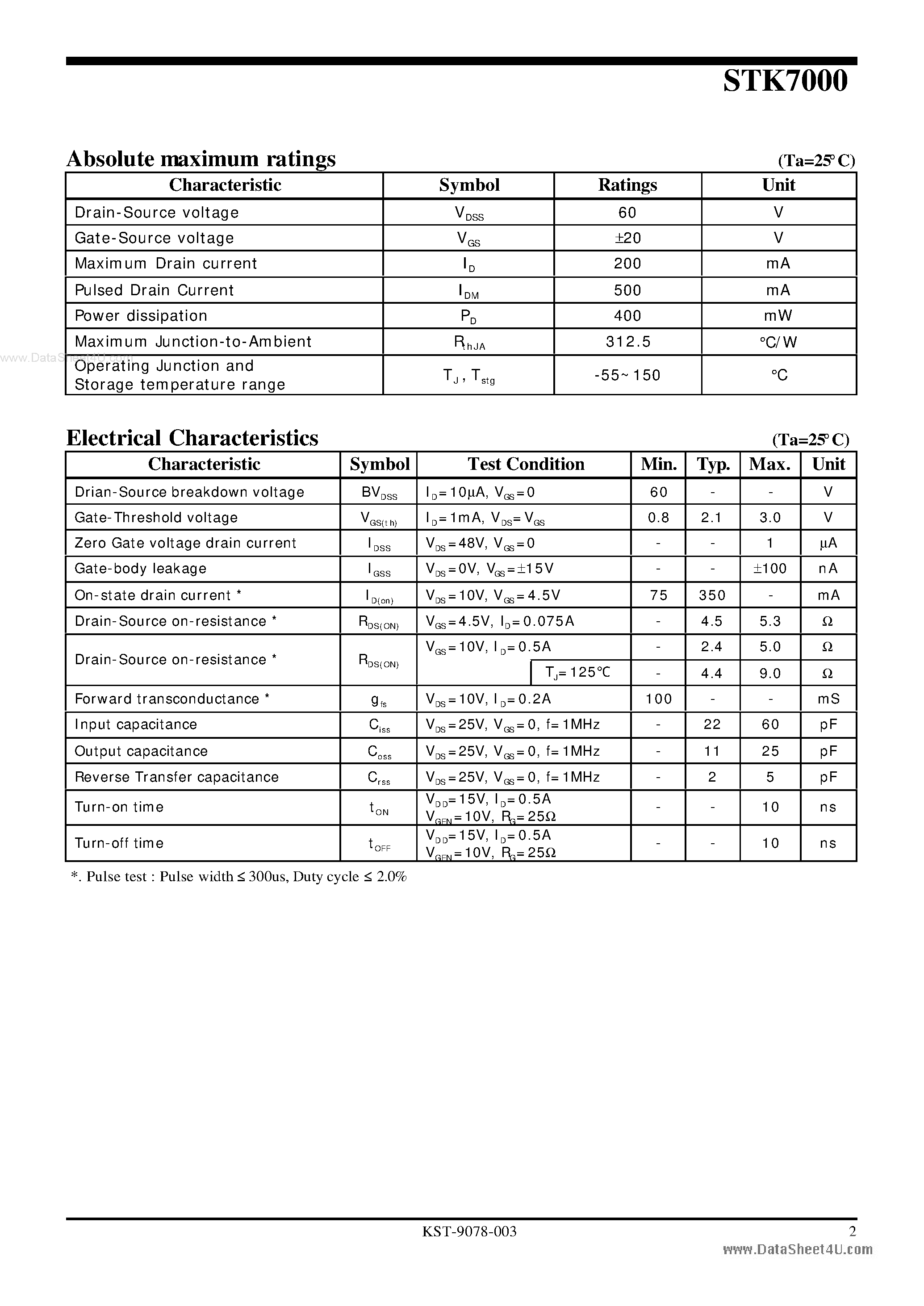 Datasheet STK7000 page 2 Datasheet STK7000 - N-Channel Enhancement-Mode MOSFET page 2