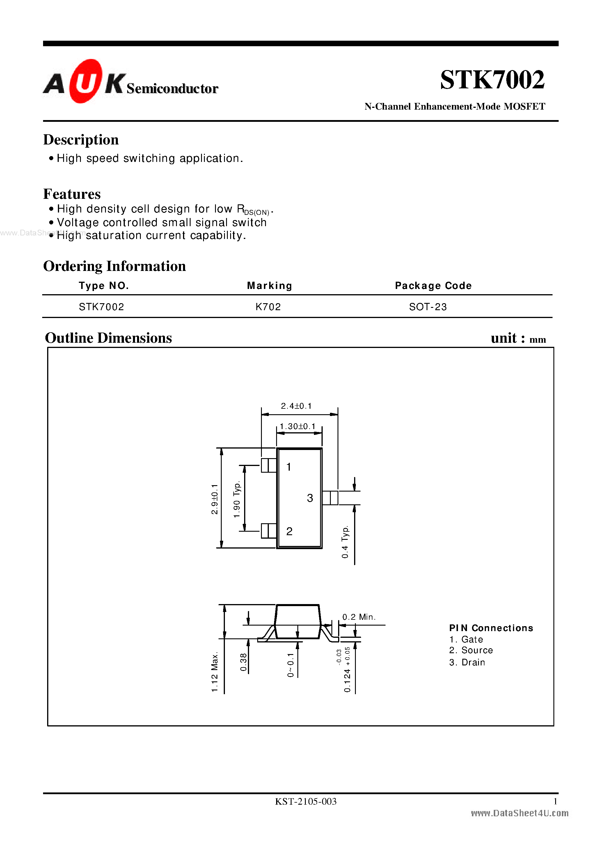 Datasheet STK7002 page 1 Datasheet STK7002 - N-Channel Enhancement-Mode MOSFET page 1