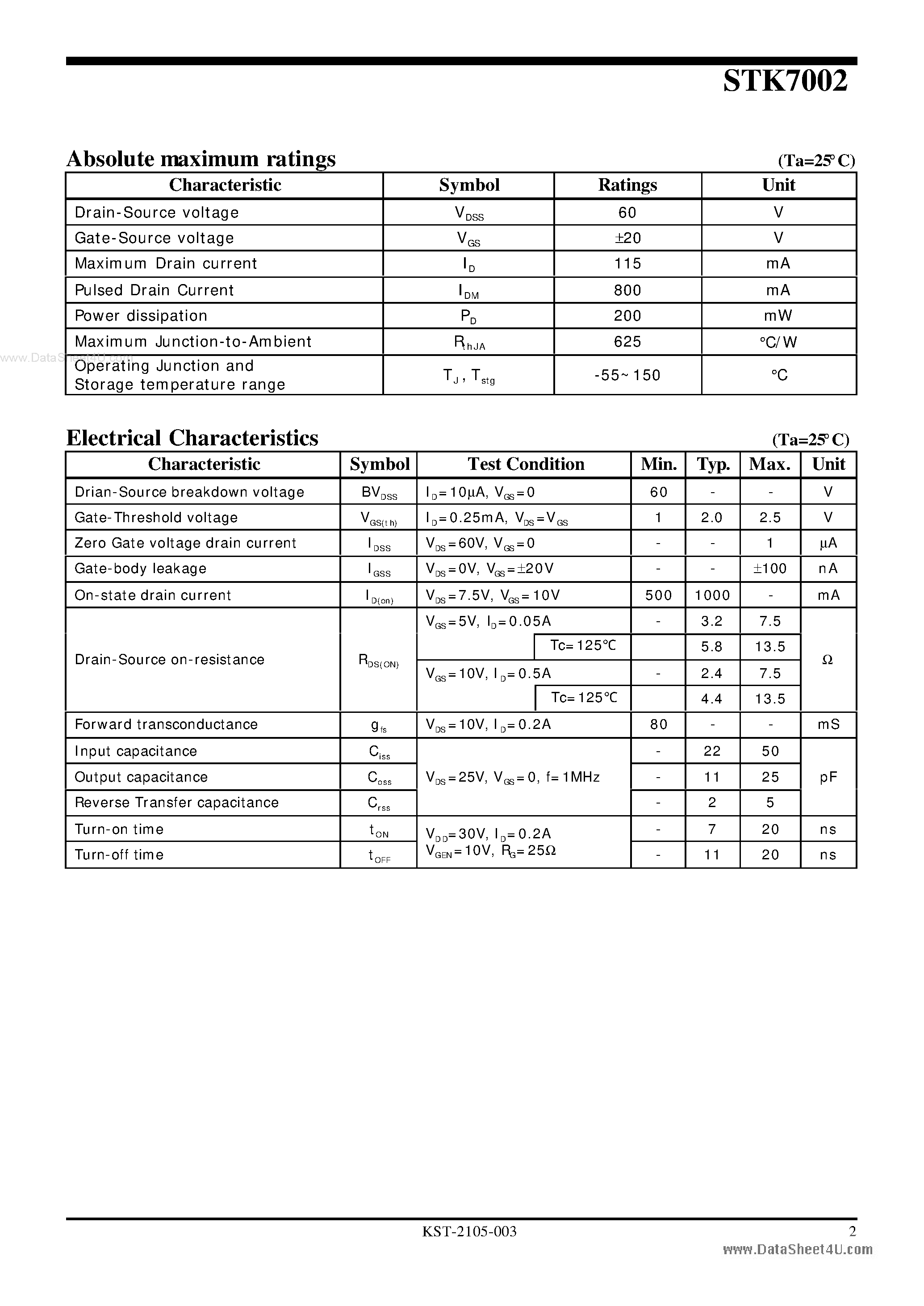 Datasheet STK7002 page 2 Datasheet STK7002 - N-Channel Enhancement-Mode MOSFET page 2