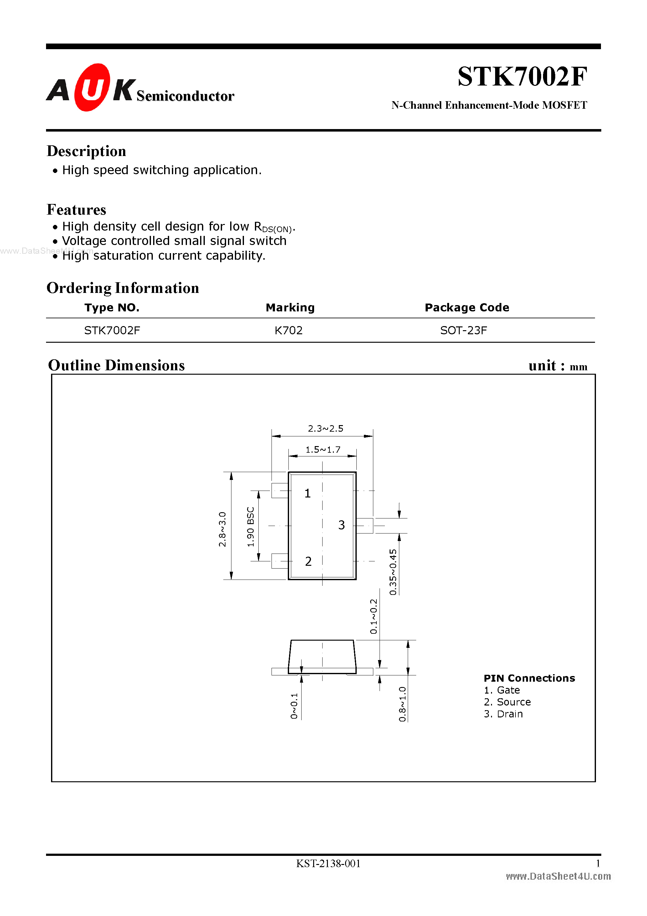 Datasheet STK7002F page 1 Datasheet STK7002F - N-Channel Enhancement-Mode MOSFET page 1