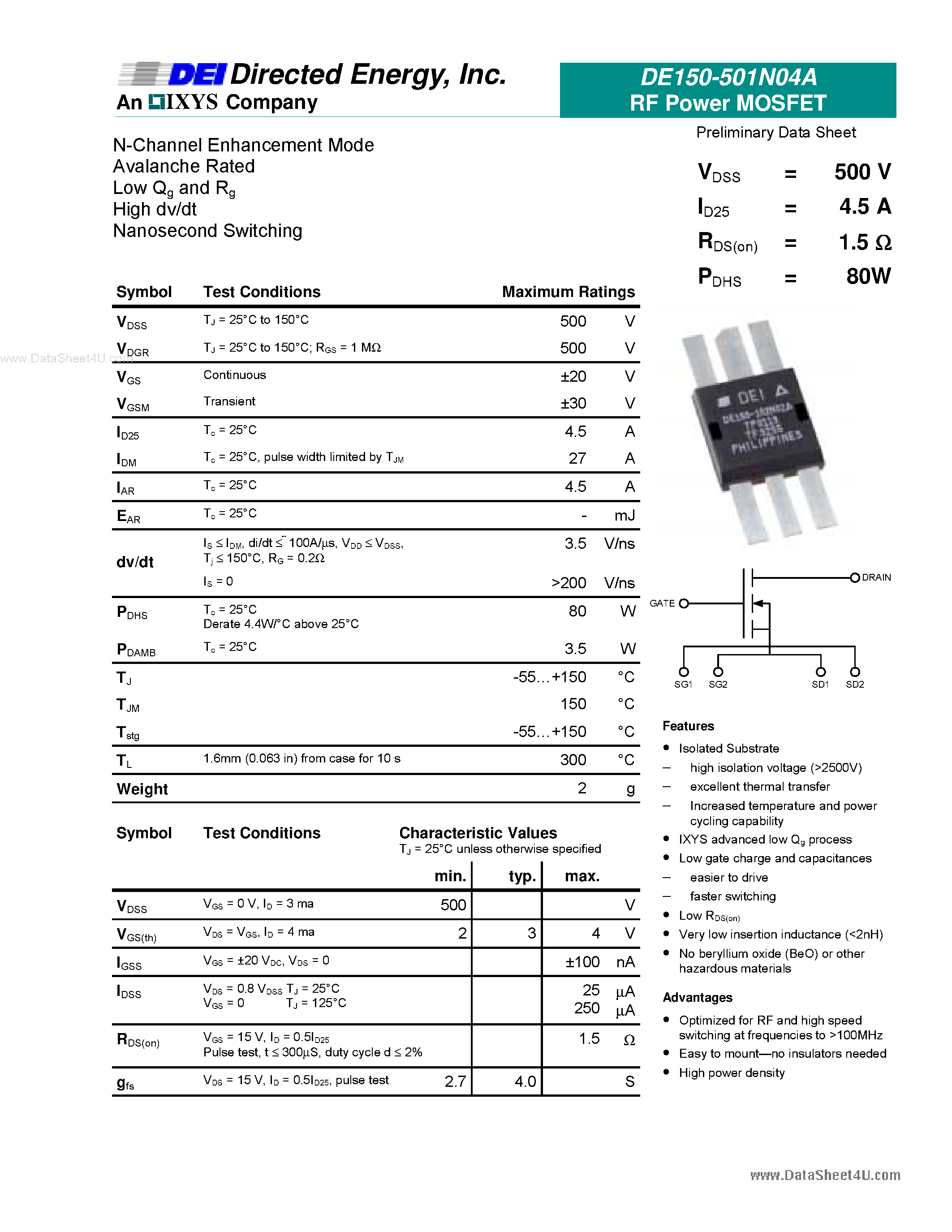 Datasheet 501N04A - N-Channel Enhancement Mode Avalanche Rated Low Qg and Rg High dv/dt Nanosecond Switching RF Power MOSFET page 1