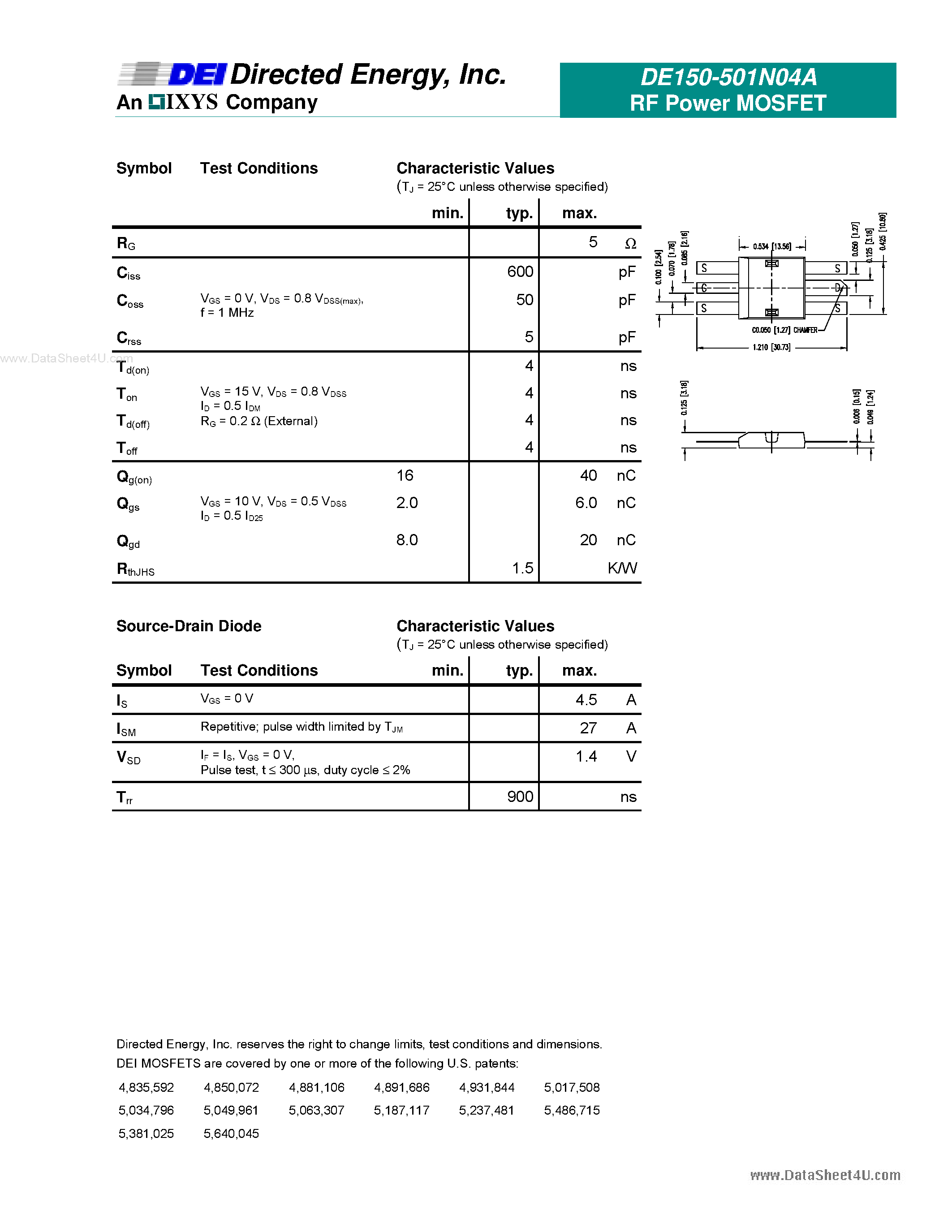 Datasheet 501N04A - N-Channel Enhancement Mode Avalanche Rated Low Qg and Rg High dv/dt Nanosecond Switching RF Power MOSFET page 2