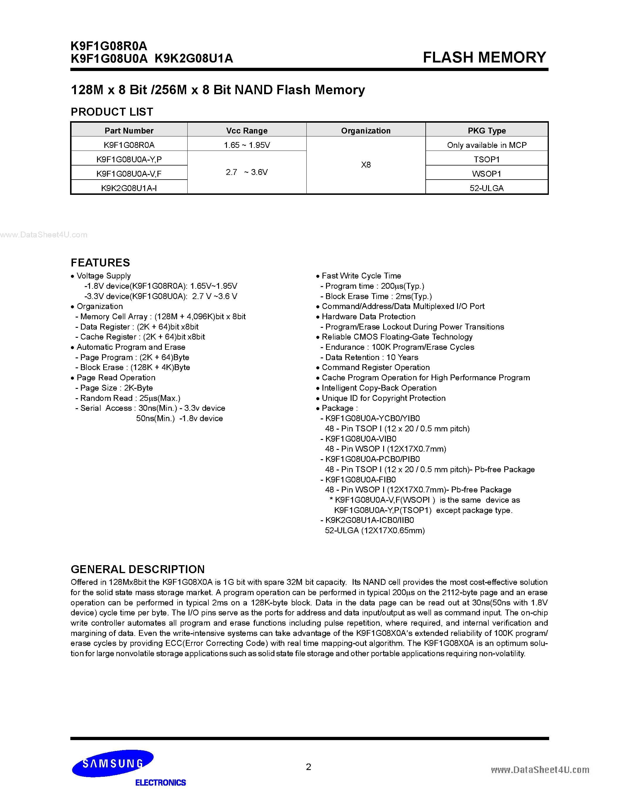 Datasheet K9F1G08R0A - 128M x 8 Bit / 256M x 8 Bit NAND Flash Memory page 2