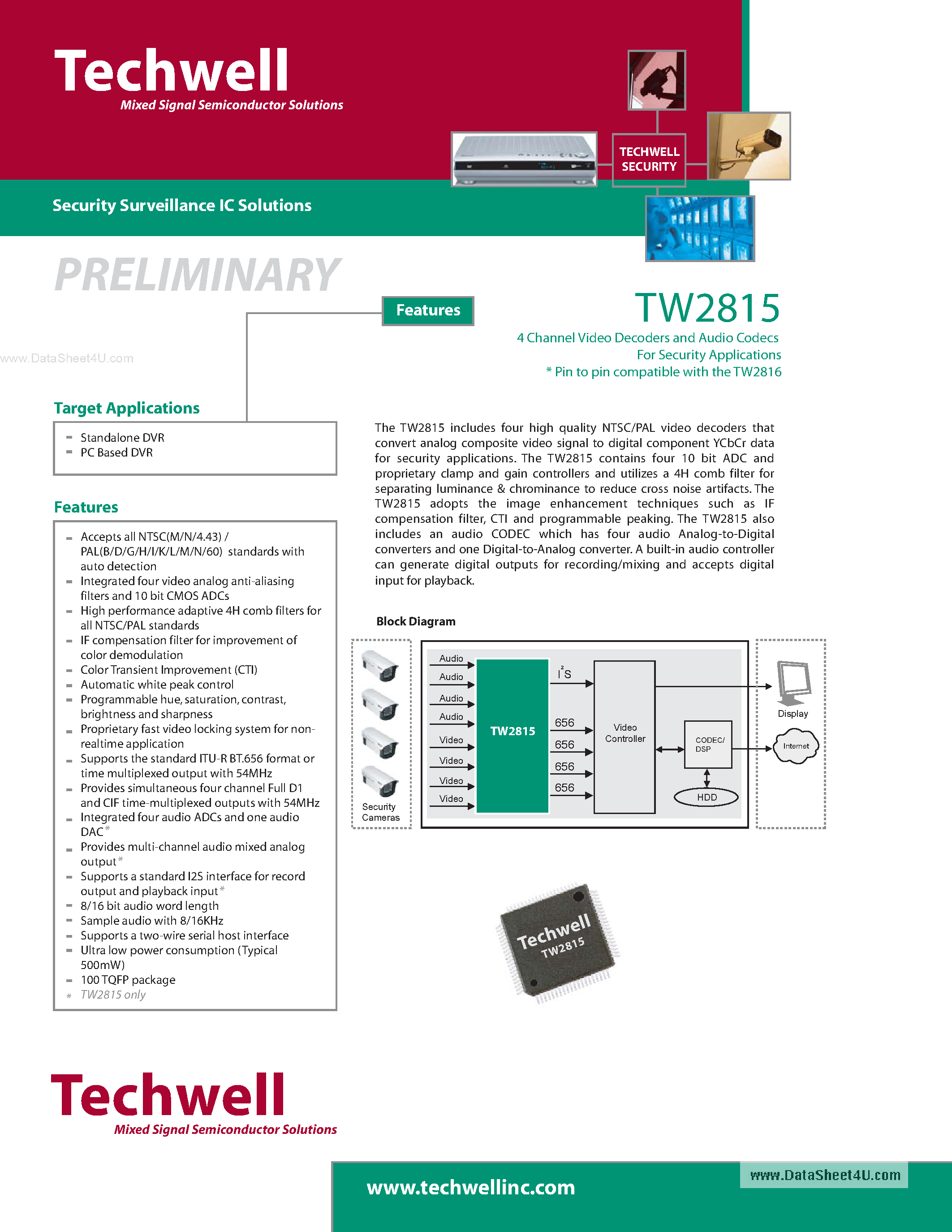 Datasheet TW2815 page 1 Datasheet TW2815 - 4 Channel Video Decoders and Audio Codecs page 1